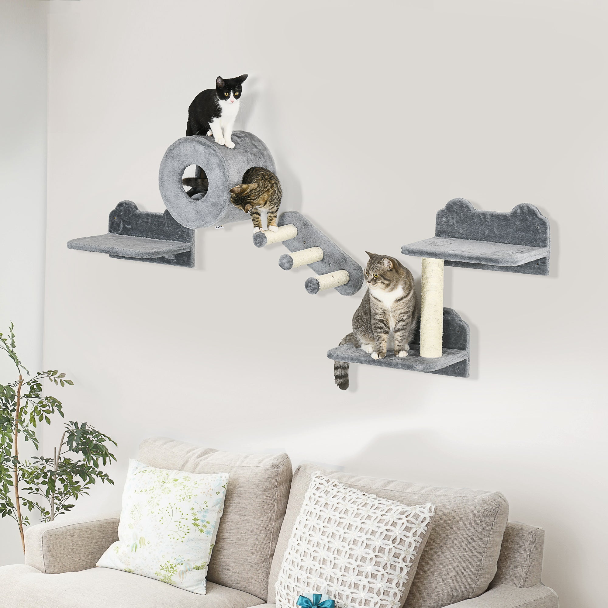 4PCs Wall Mounted Cat Tree, Cat Wall Furniture with Platforms, Steps, Scratching Post, Perch, Cat House for Indoor Cats - Grey
