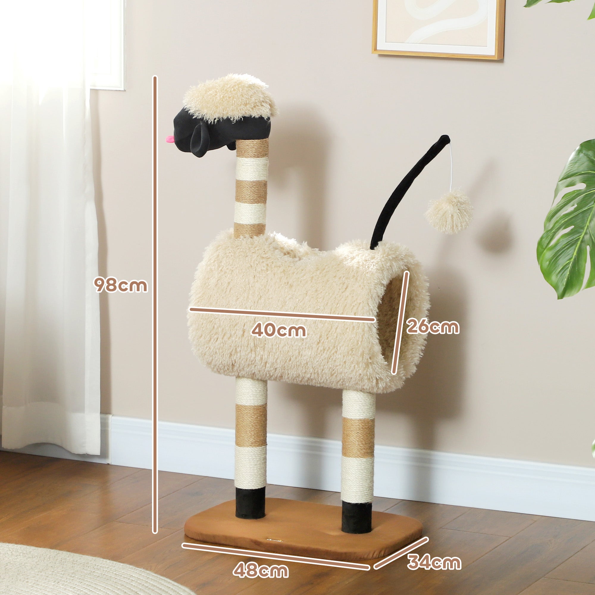 Cat Tree Sheep Design, 98 cm Multi-Level Cat Tower with Scratching Posts, Tunnel & Play Ball for Indoor Kitten Climbing, Playing, Relaxing, Easy Assembly, Light Brown
