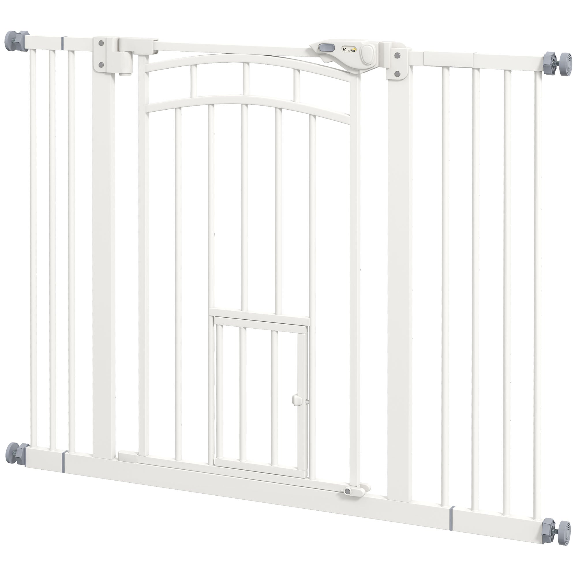 Dog Stair Gate Pet Barrier with Small Cat Door, Pressure Fit Safety Gate  with Auto Closing System, Double Locking, for Hallways, 74-100 cm Openings - White
