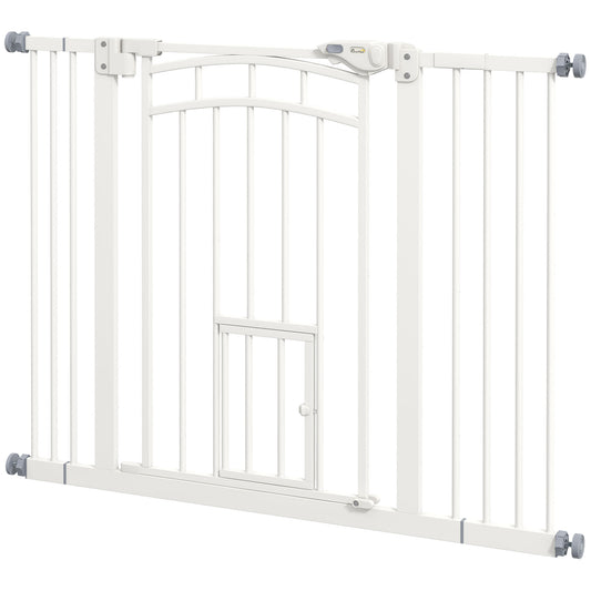 Dog Stair Gate Pet Barrier with Small Cat Door, Pressure Fit Safety Gate  with Auto Closing System, Double Locking, for Hallways, 74-100 cm Openings - White