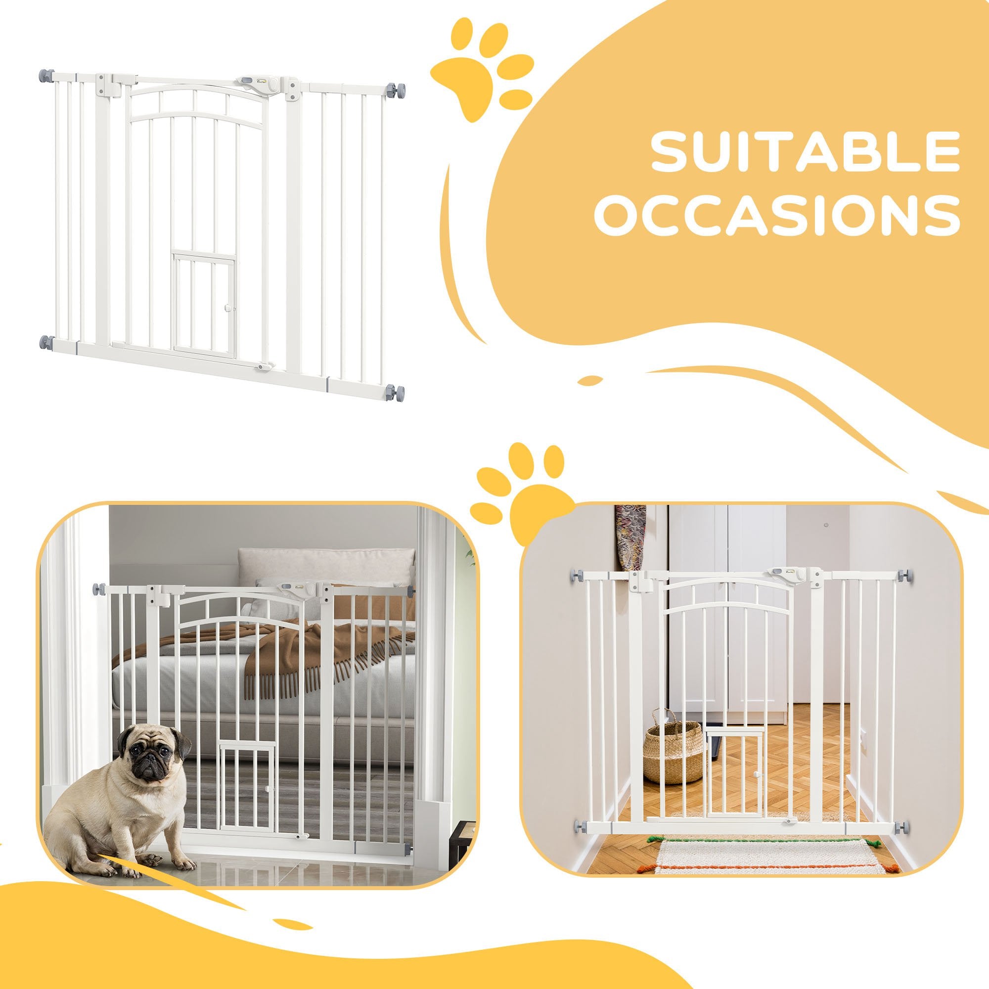 Dog Stair Gate Pet Barrier with Small Cat Door, Pressure Fit Safety Gate  with Auto Closing System, Double Locking, for Hallways, 74-100 cm Openings - White
