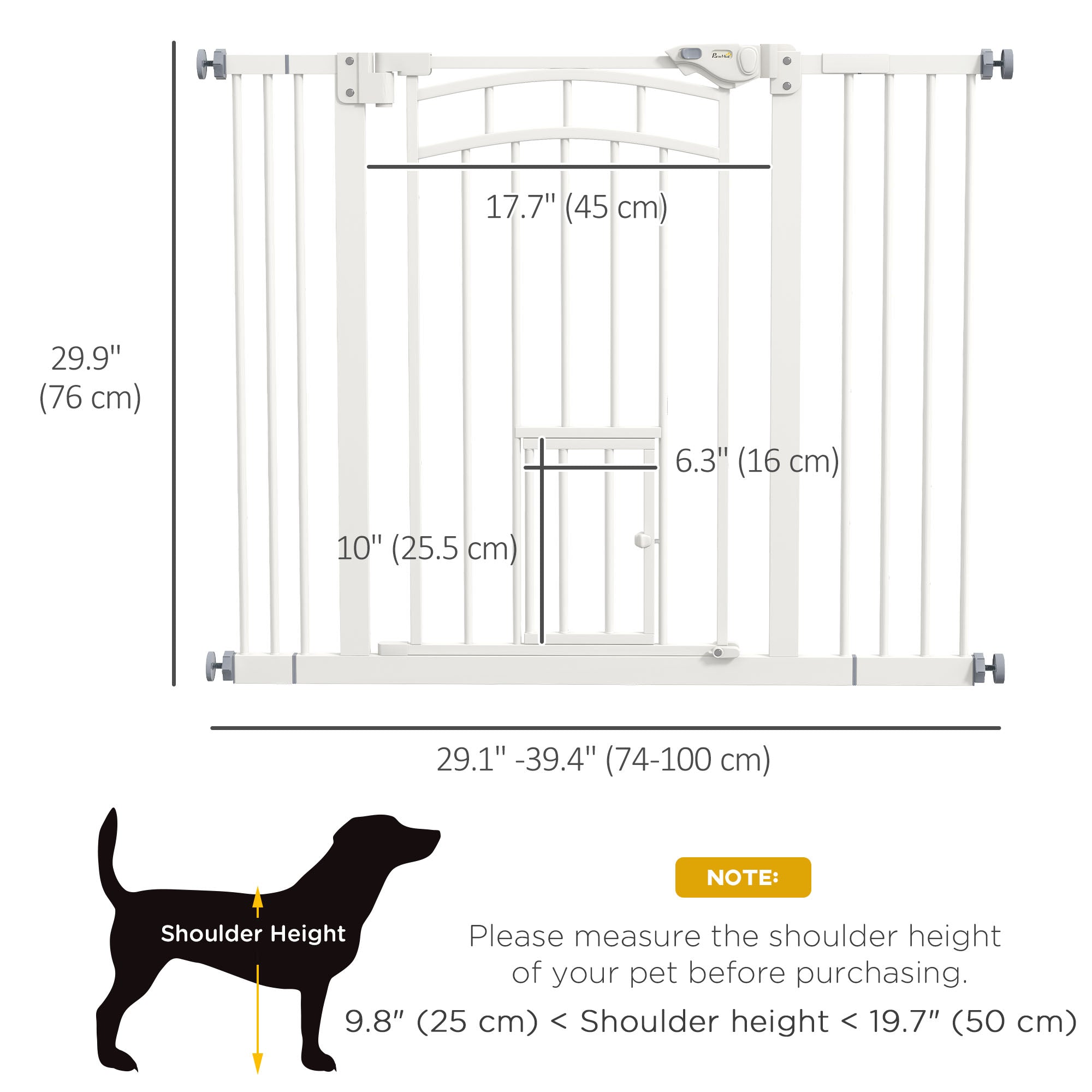 30"H Tall Dog Gate, Pet Gate with Cat Door, Auto-Close Pressure-Mounted Steel Safety Gate Barrier, Double Locking for Doorways Hallways Stairs, Fits 29"-39.4"W, White
