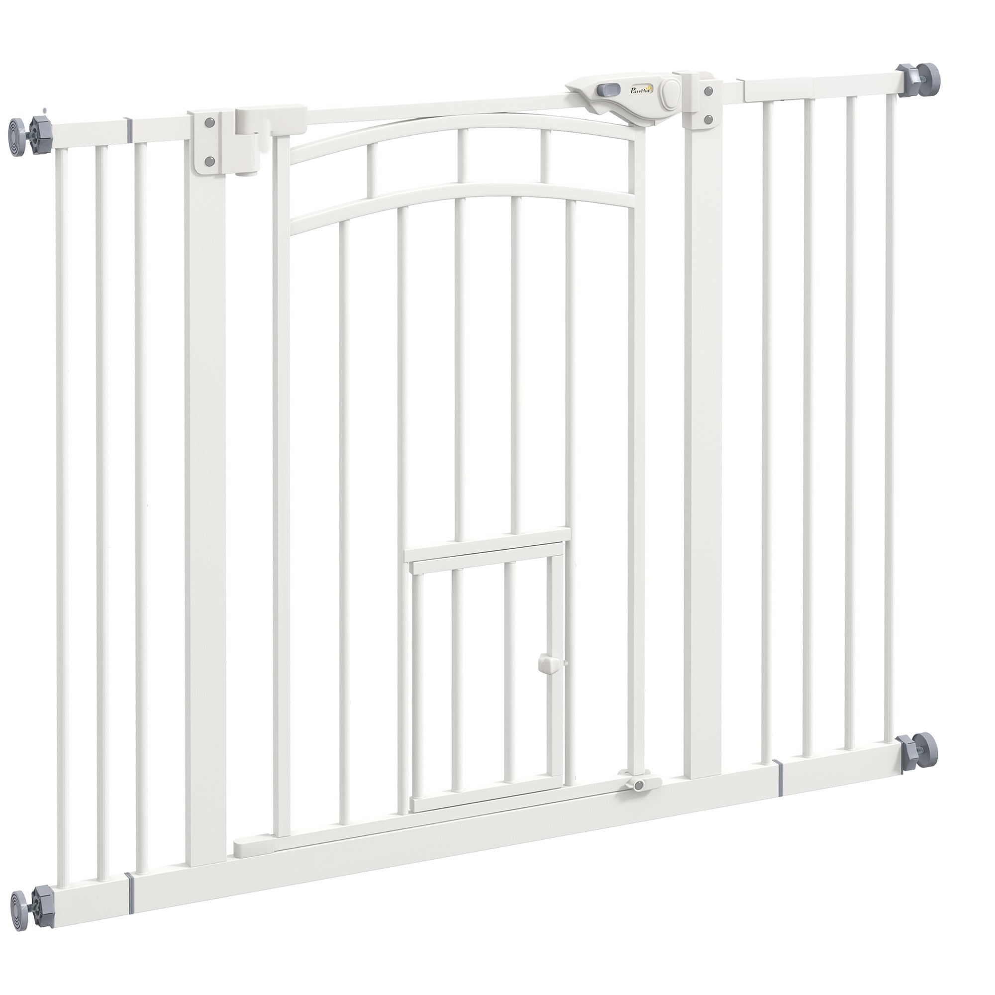 Dog Stair Gate Pet Barrier with Small Cat Door, Pressure Fit Safety Gate  with Auto Closing System, Double Locking, for Hallways, 74-100 cm Openings - White