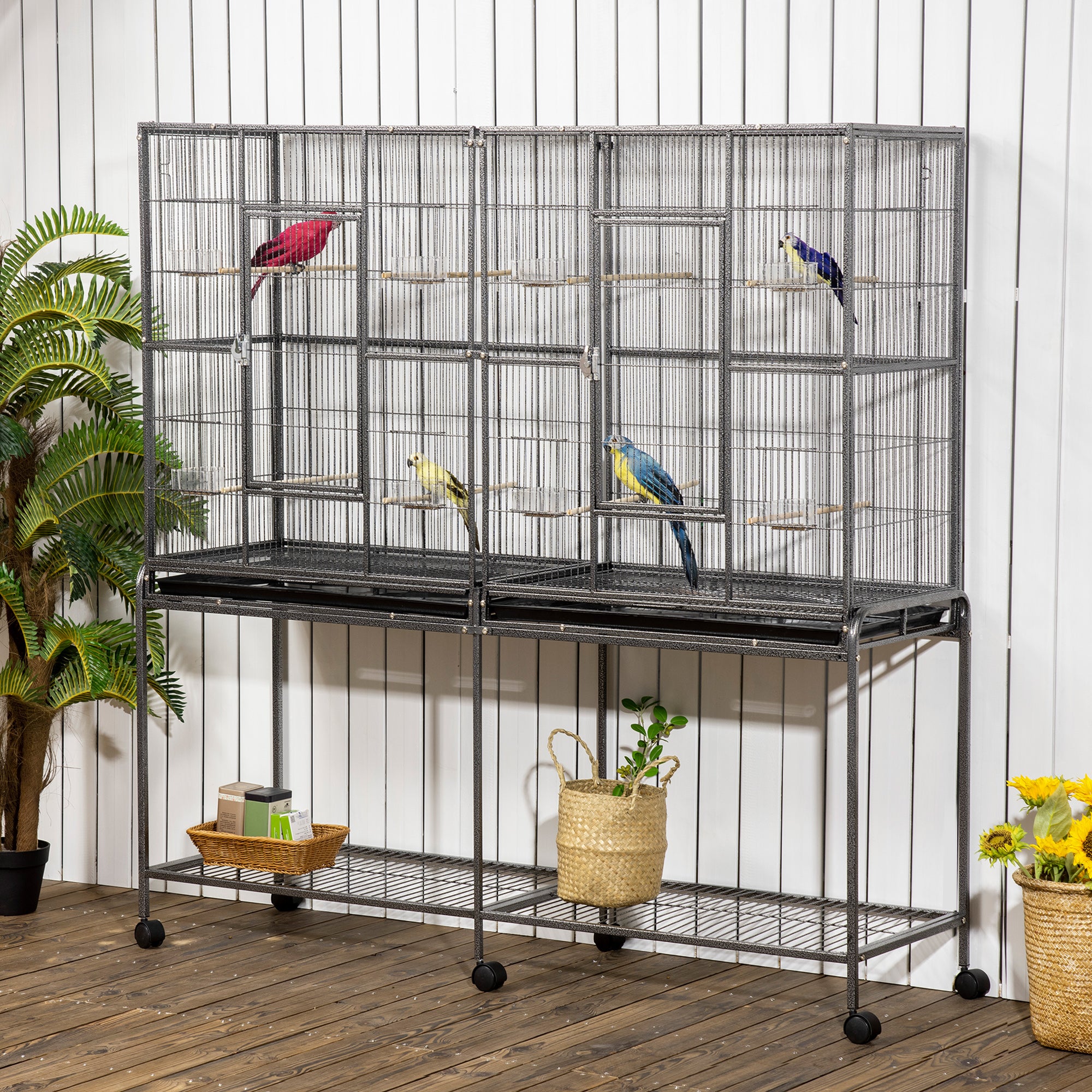 65" Double Rolling Metal Bird Cage with Divider, Large Parrot Cage for Parakeet, Canaries, Lovebirds, Budgie, Finch, with Detachable Rolling Stand, Storage Shelf, Wood Perch & Food Container