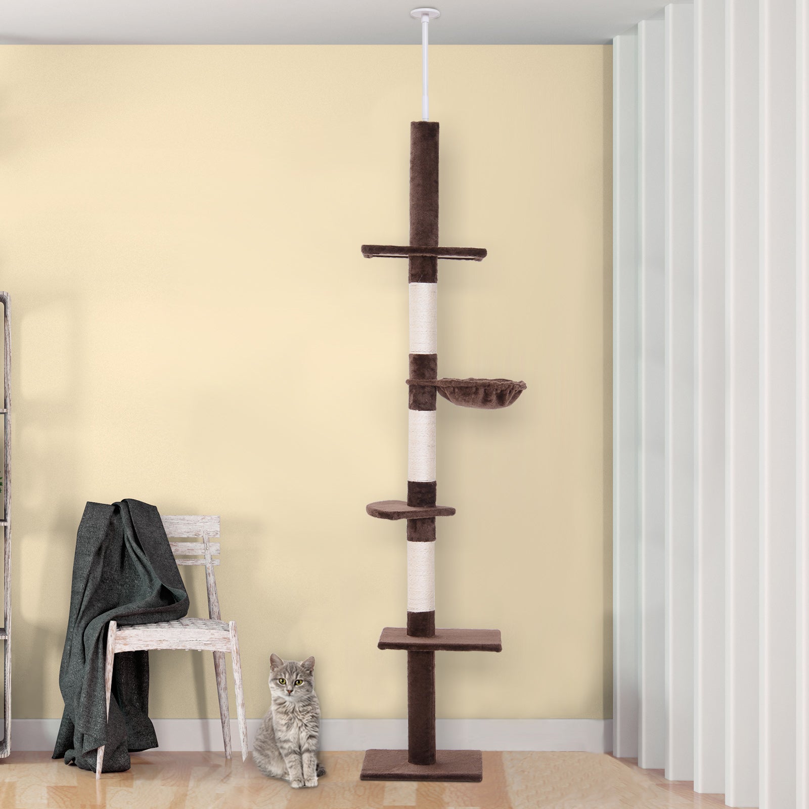 8.5ft Cat Climbing Tree 5-Tier Kitty Activity Center Floor-to-Ceiling Cat Climber Toy with Scratching Post Play Rest Post Pet Furniture Brown