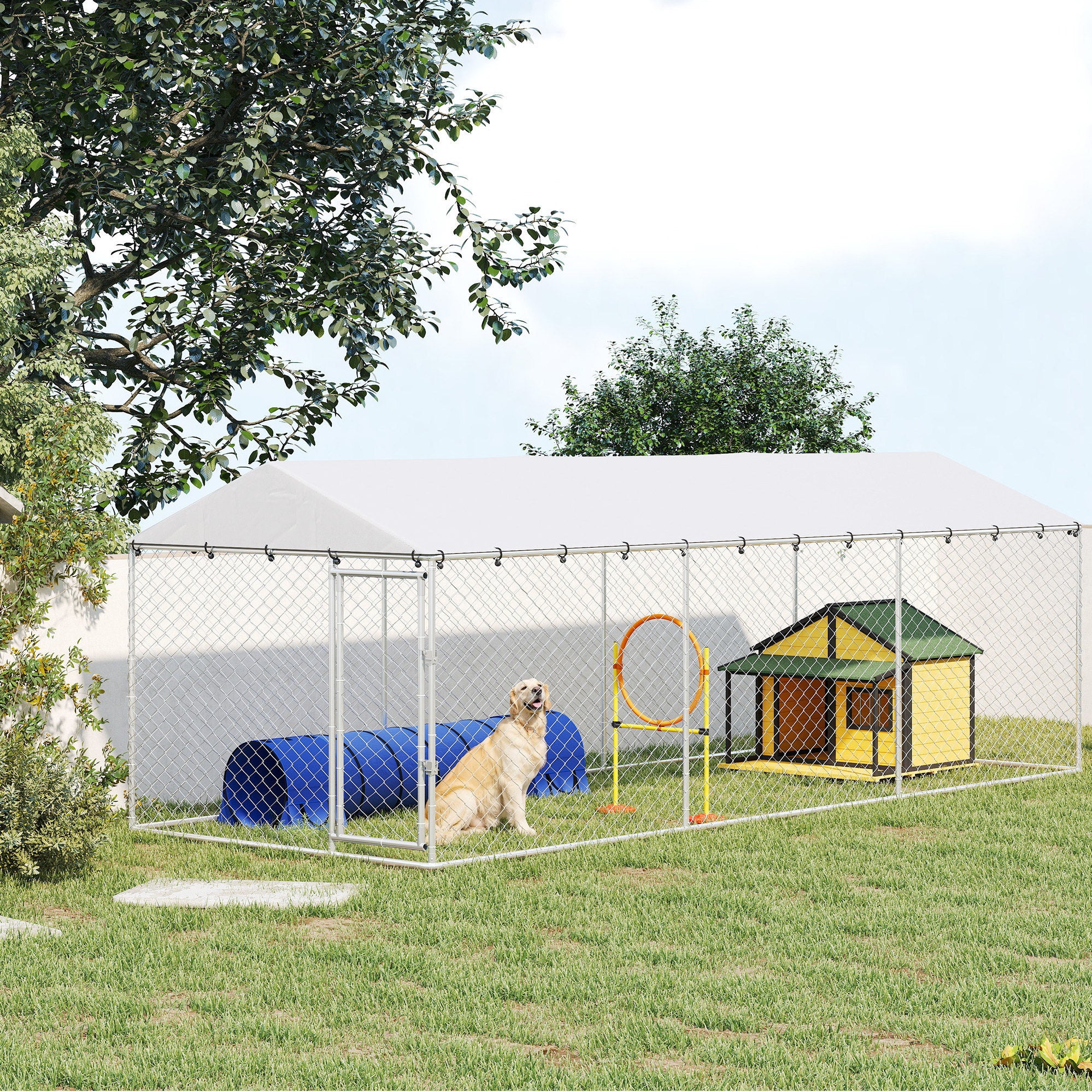 Outdoor Dog Kennel, Heavy Duty Dog Run Outdoor Fence with Waterproof Cover, Galvanized Chain Link, Secure Lock, for Large Breeds, Chickens, Ducks, 20' x 7.5' x 6.5'