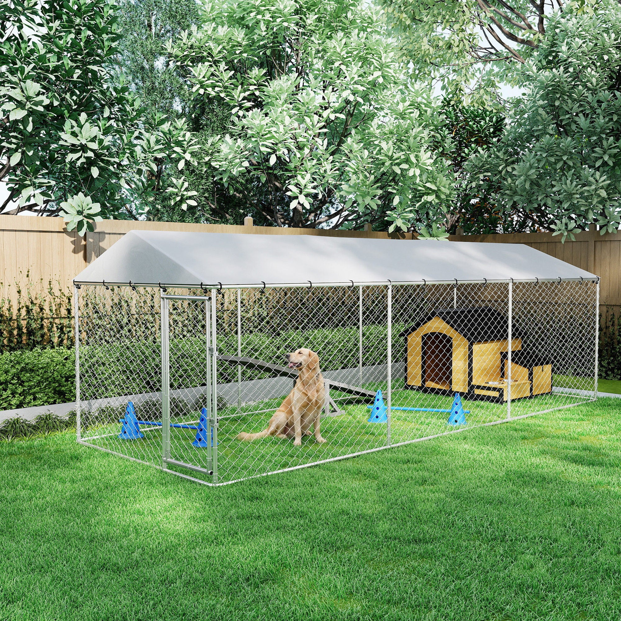 Outdoor Dog Kennel, Heavy Duty Dog Run Outdoor Fence with Waterproof Cover, Galvanized Chain Link, Secure Lock, for Large Breeds, Chickens, Ducks, 20' x 7.5' x 6.5'