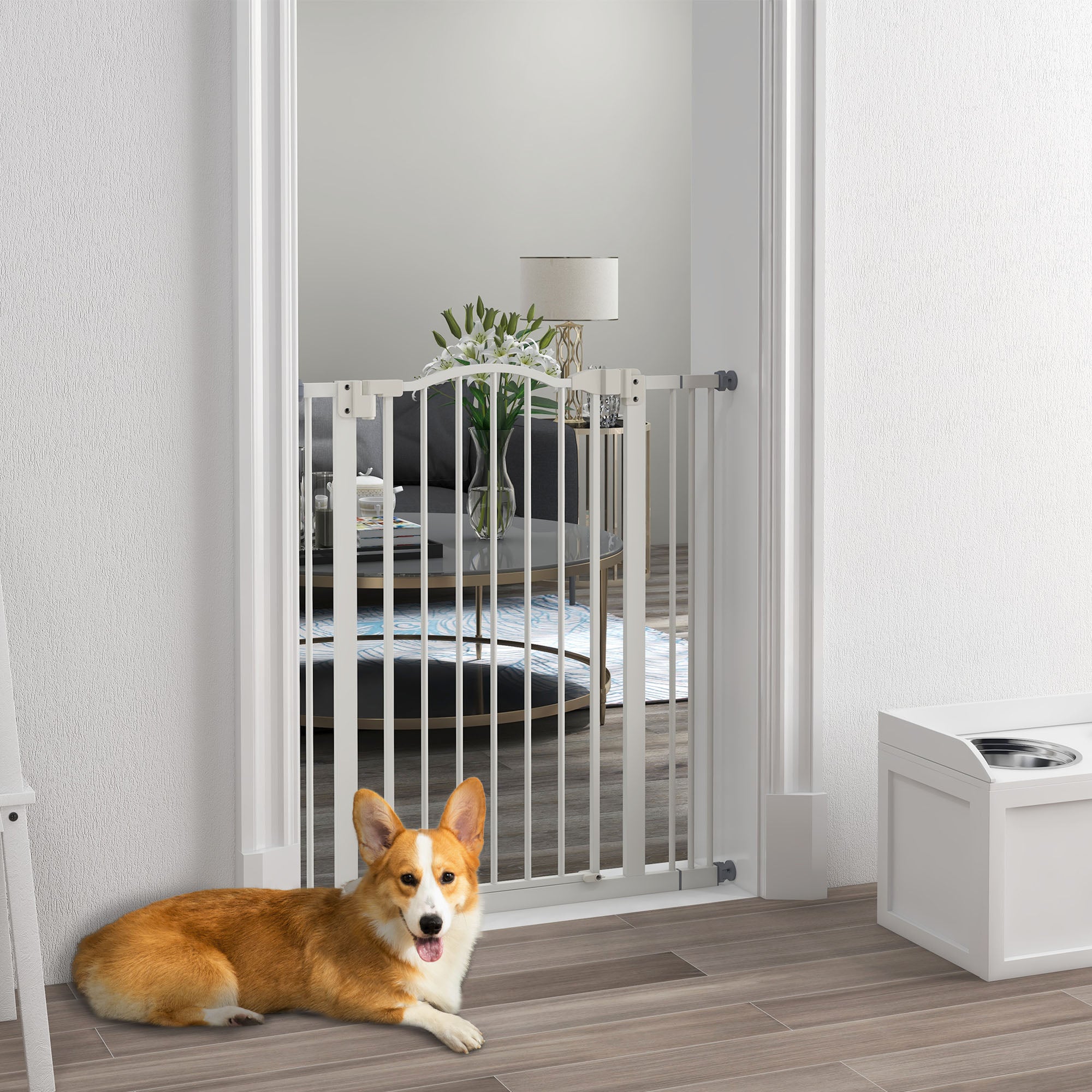 Pressure Fit Dog Stair Gate No Drilling Safety Gate Auto Close for Doorways, Hallways, 74-87cm Adjustable, 94cm Tall, White