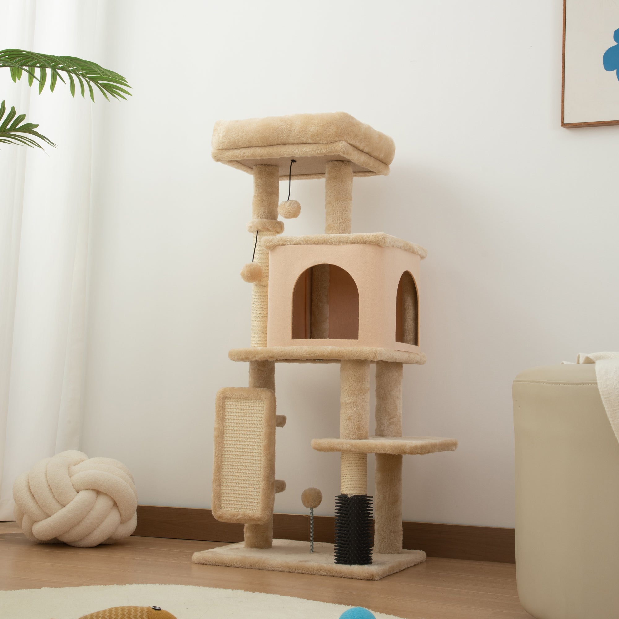 Cat Tree for Large Cat Adults, 41 Inch Cat Tower for Indoor Cats w/ Scratching Posts, Cat Bed, Condo, Grooming Brush, Jumping Platforms, Toy Balls, Anti-tip Kit, Beige