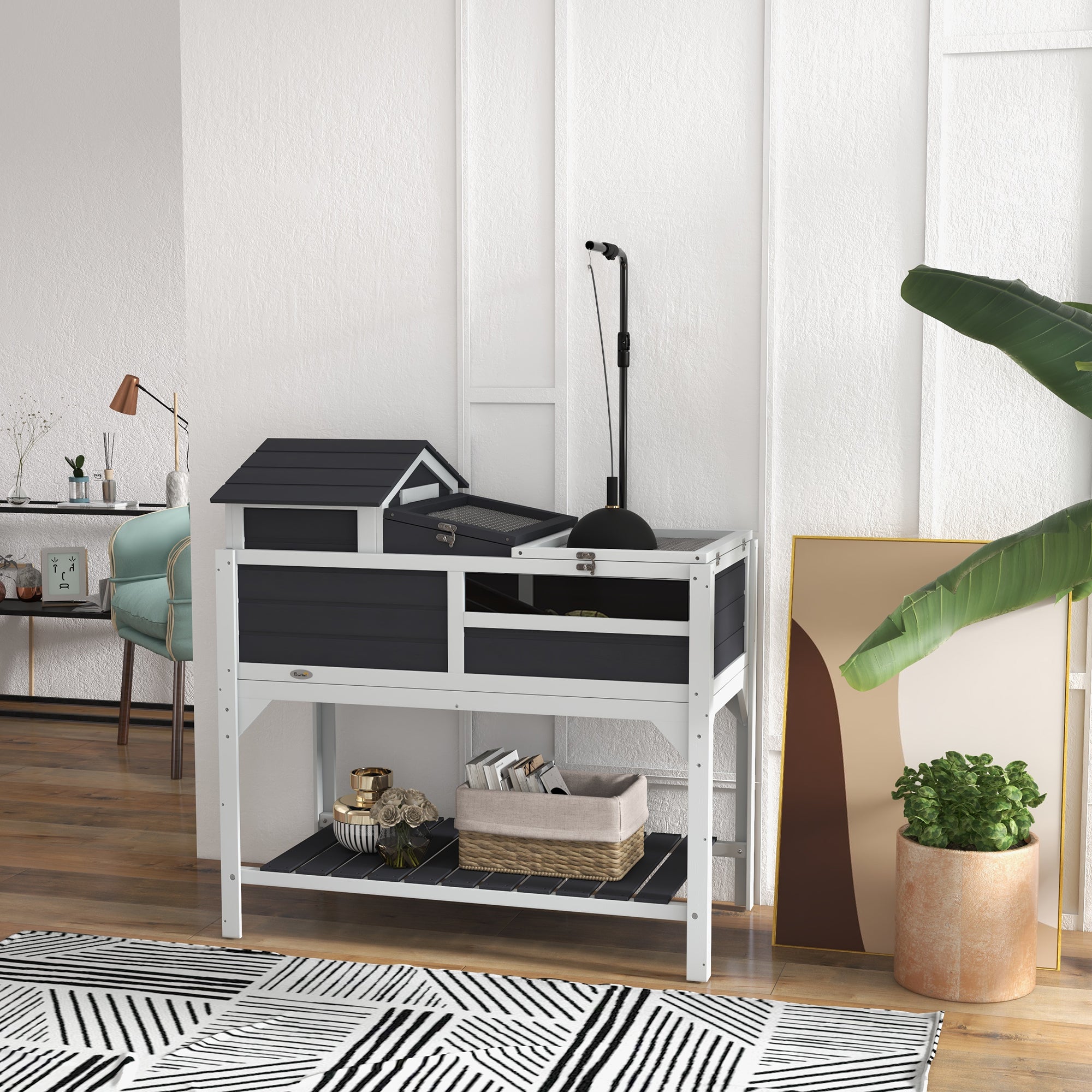 Tortoise House, 2 Layers Wooden Tortoise Enclosure with Adjustable Lamp Holder, Tortoise Table with Openable Lid, Removable Main House, Storage Shelf, Run Box, Fixed Tray - Grey