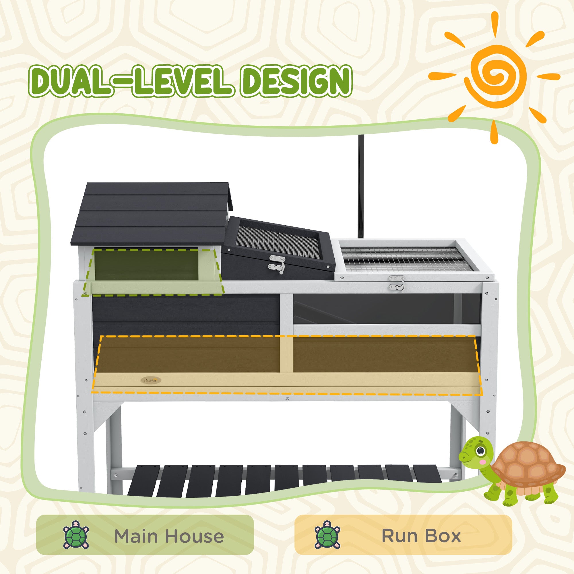 Tortoise House, 2 Layers Wooden Tortoise Enclosure with Adjustable Lamp Holder, Tortoise Table with Openable Lid, Removable Main House, Storage Shelf, Run Box, Fixed Tray - Grey