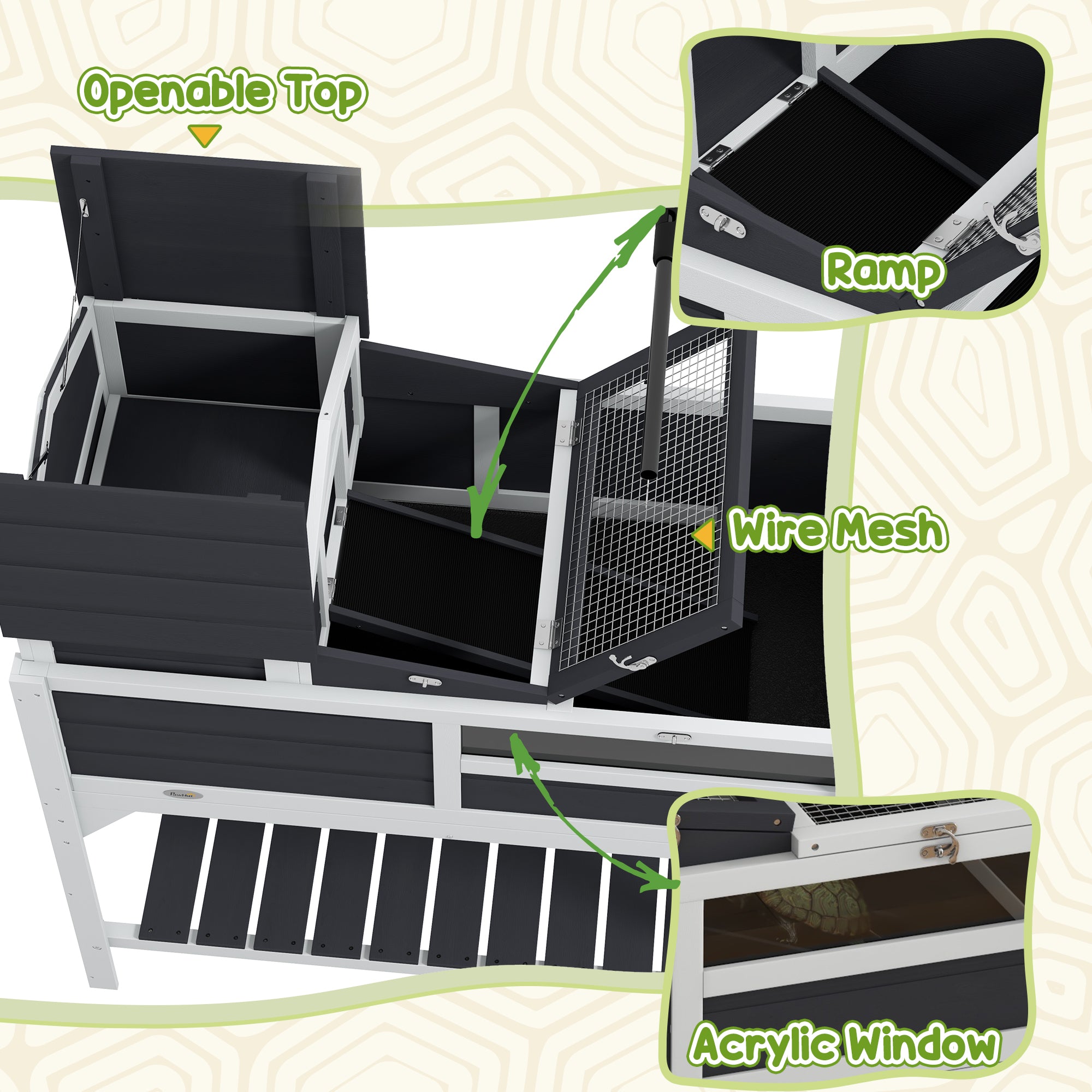 Tortoise House, 2 Layers Wooden Tortoise Enclosure with Adjustable Lamp Holder, Tortoise Table with Openable Lid, Removable Main House, Storage Shelf, Run Box, Fixed Tray - Grey