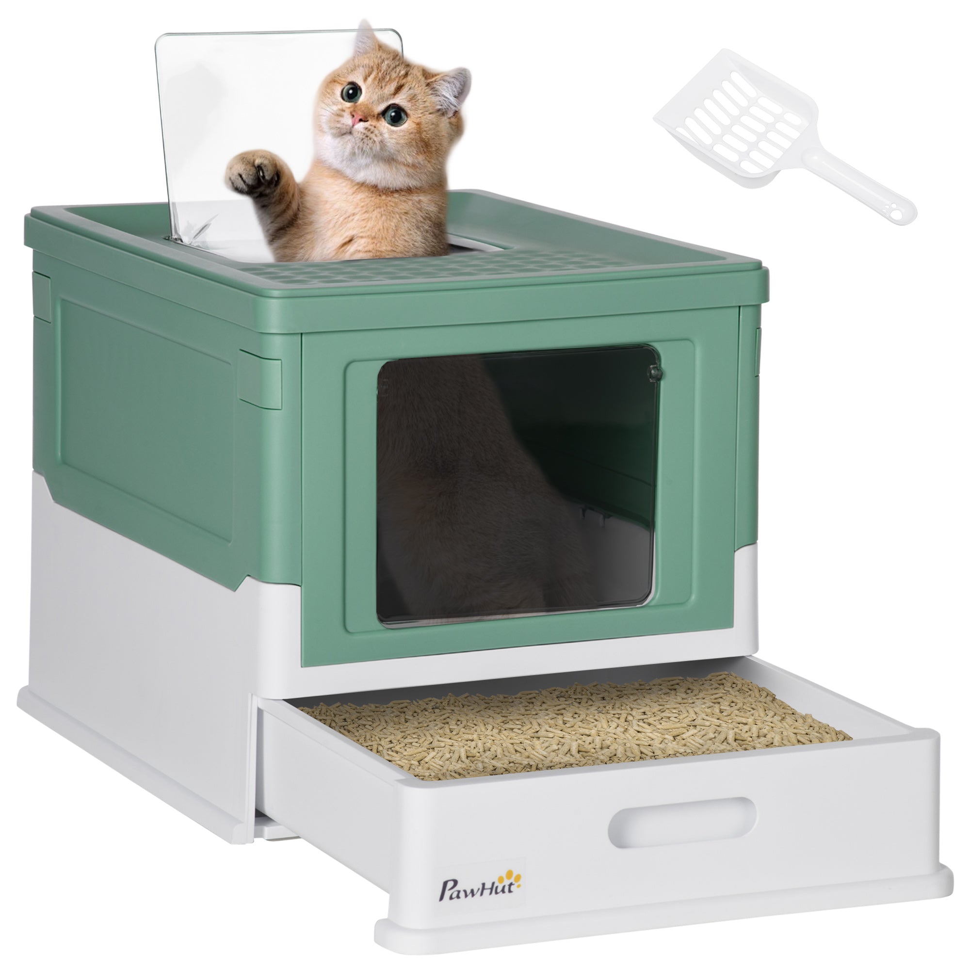 PawHut Fully Enclosed Cat Litter Box with Scoop, Hooded Cat Litter House with Drawer Type Tray, Foldable Smell Proof Cat Potty with Front Entry, Top Exit, Portable Pet Toilet with Large Space, Green