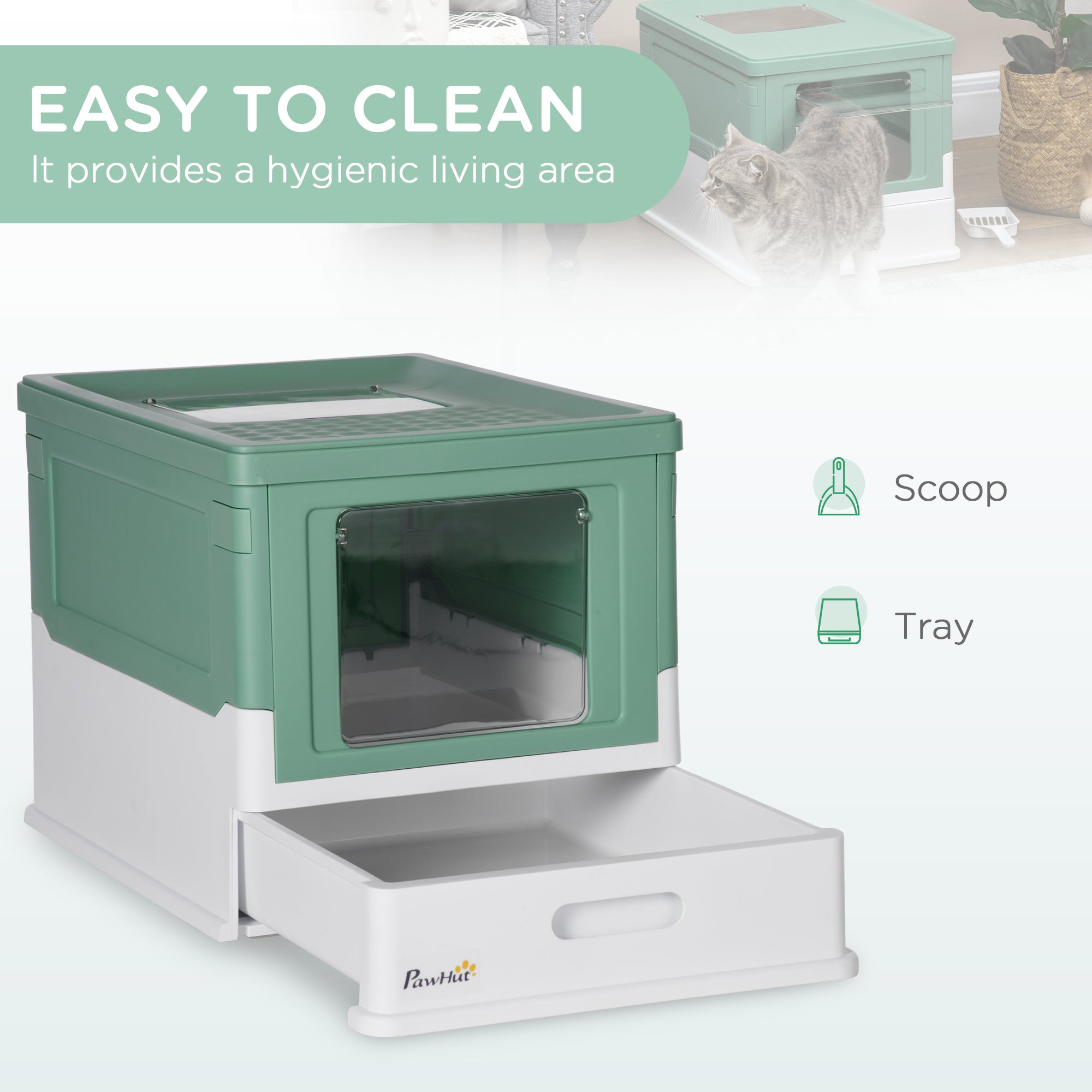 Cat Litter Tray with Hood Enclosed Cat Litter Box Pet Toilet w/ Lid, Scoop, Front Entry, 47.5 x 35.5 x 36.7cm - Green