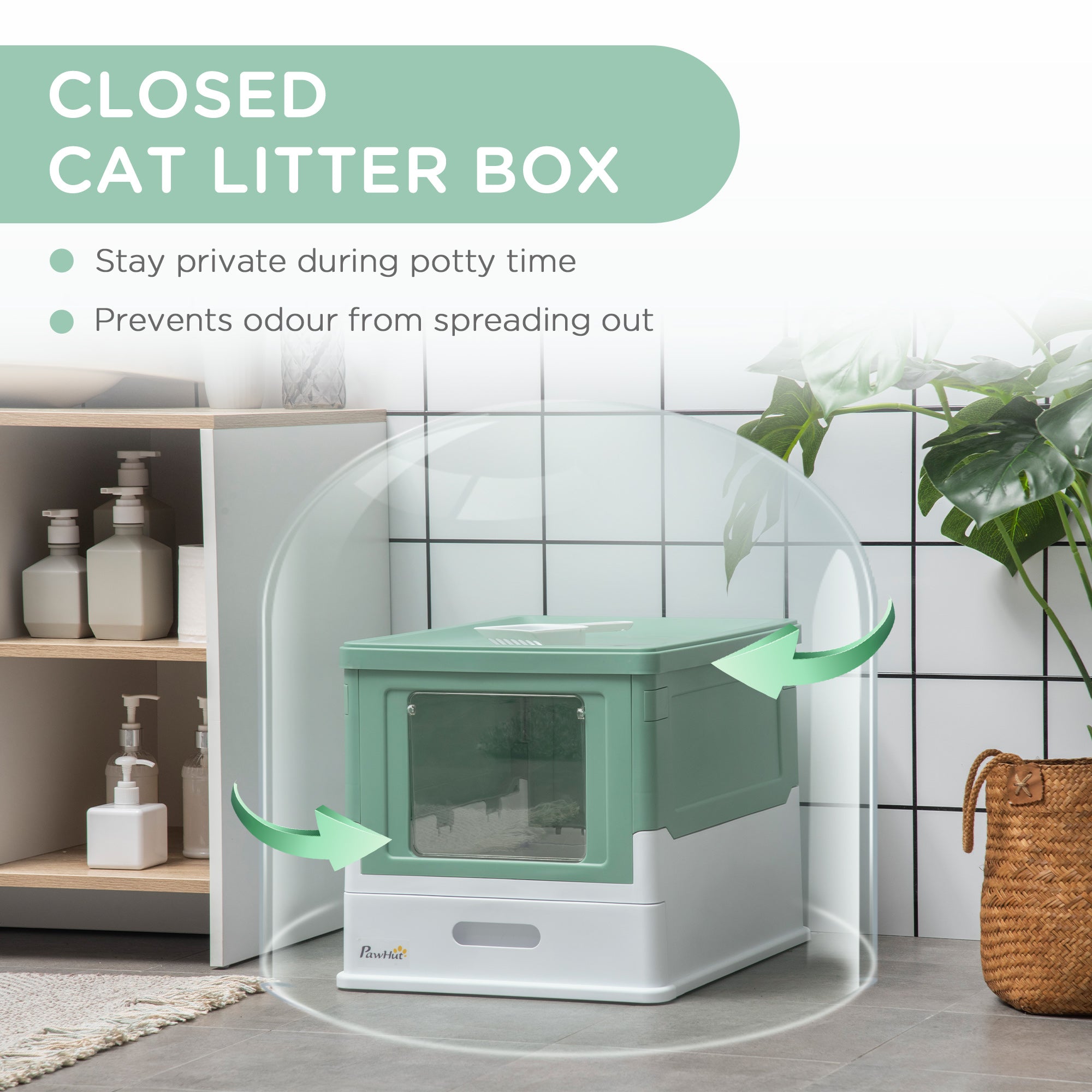 Cat Litter Tray with Hood Enclosed Cat Litter Box Pet Toilet w/ Lid, Scoop, Front Entry, 47.5 x 35.5 x 36.7cm - Green