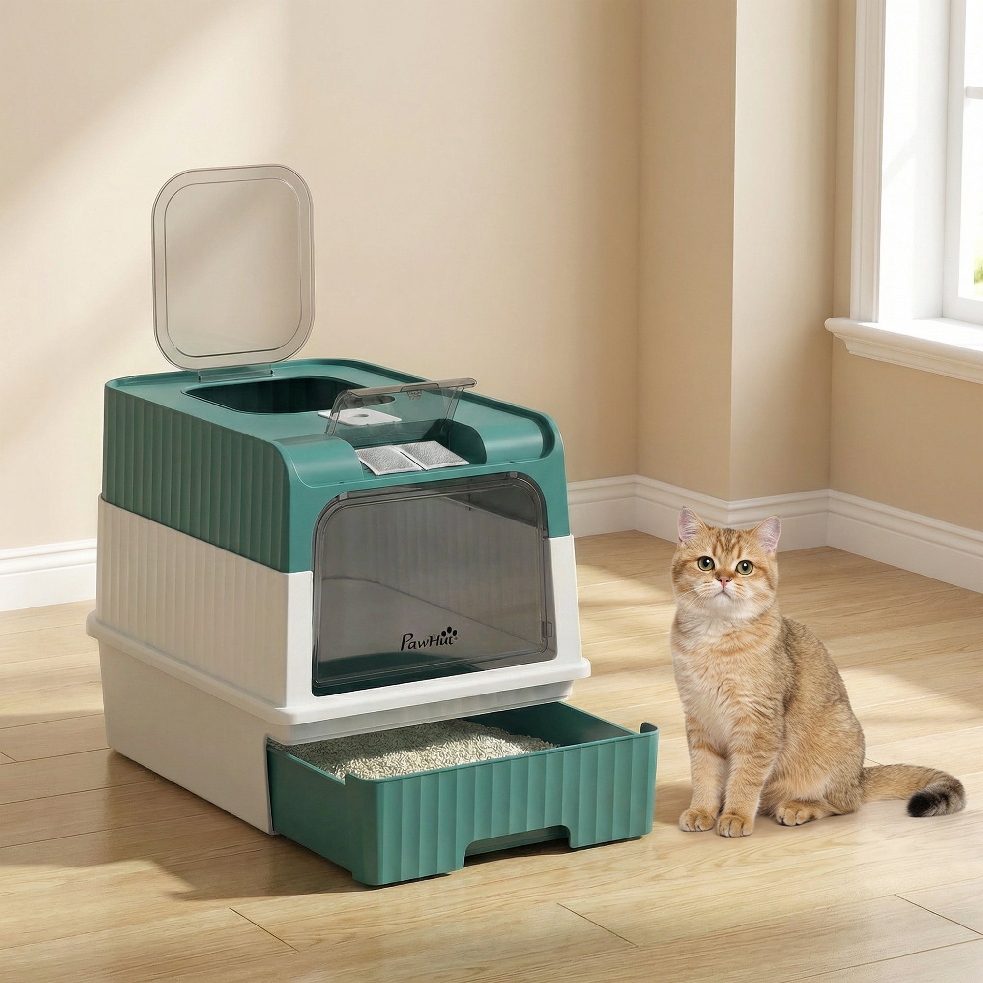 Cat Litter Box with Lid, Hooded Cat Litter Box with Pull-Out Drawer Tray, Scoop, Front Entry & Top Exit, 4 Deodorization Bags, Easy to Clean, Teal