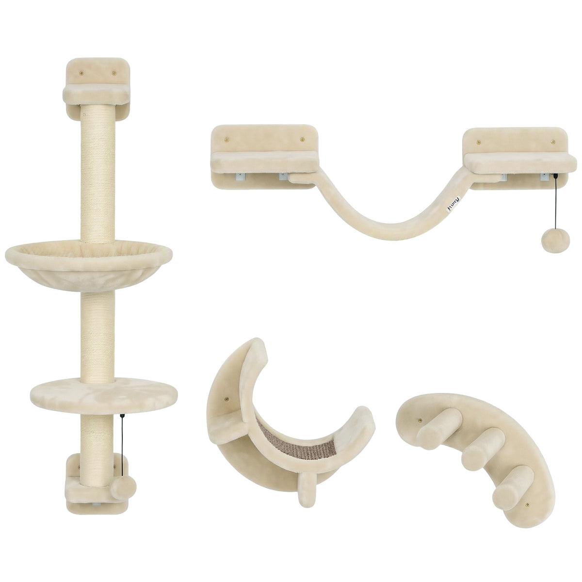 4 Piece Cat Shelves, Cat Wall Furniture with Hammock, Scratching Posts, Soft Ladder, Steps, Jump Platforms, Hanging Ball for Indoor Kittens, Space Saving - Beige