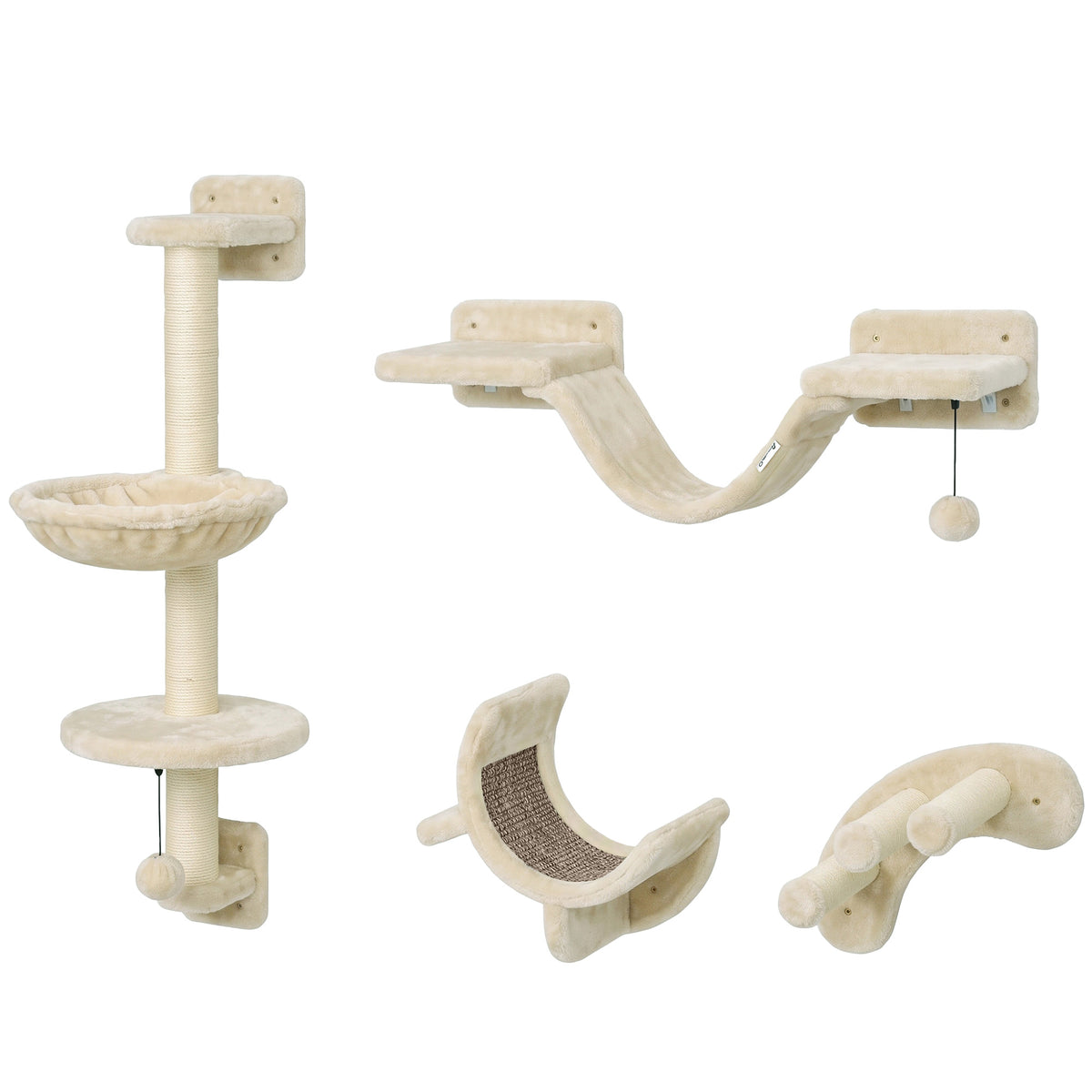 4 Piece Cat Shelves, Cat Wall Furniture with Hammock, Scratching Posts, Soft Ladder, Steps, Jump Platforms, Hanging Ball for Indoor Kittens, Space Saving - Beige