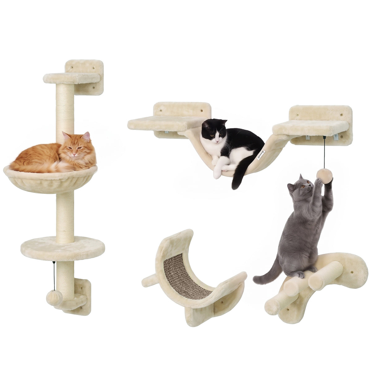 4 Piece Cat Shelves, Cat Wall Furniture with Hammock, Scratching Posts, Soft Ladder, Steps, Jump Platforms, Hanging Ball for Indoor Kittens, Space Saving - Beige