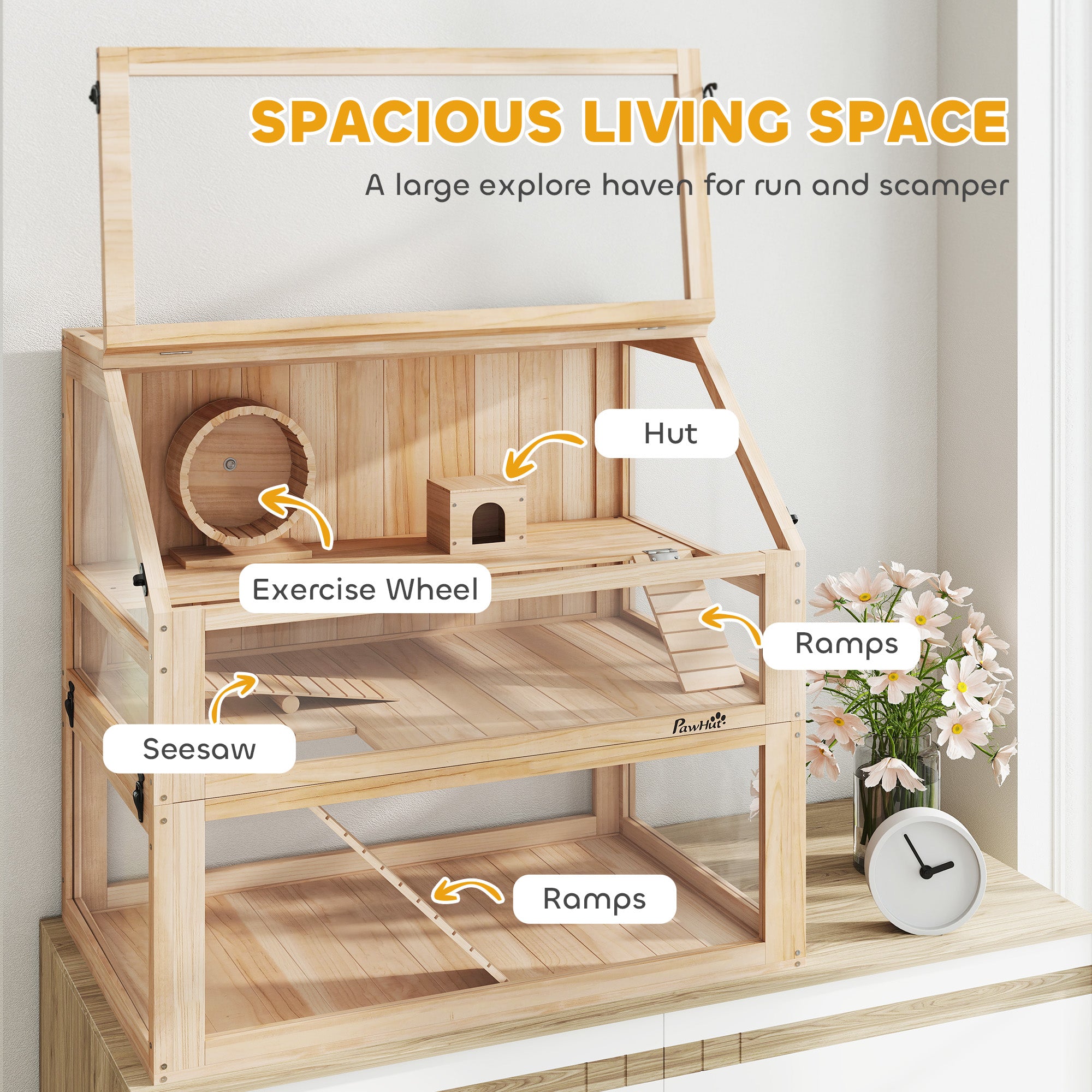 Wooden Hamster Cage, 3 Tier Small Gerbil Cage with Detachable 31cm Deep Bottom, Hut, Seesaw, Exercise Wheel, Ramps, Natural Wood Finish