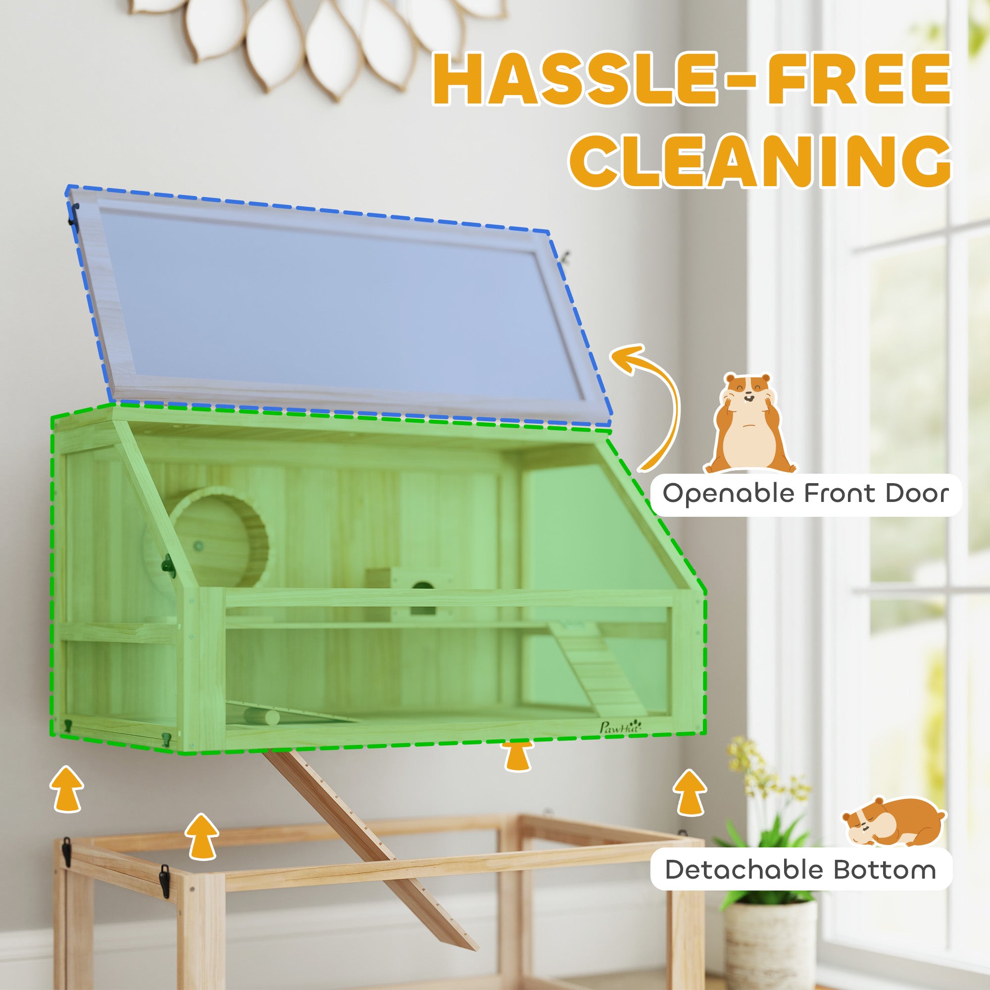 Wooden Hamster Cage, 3 Tier Small Gerbil Cage with Detachable 31cm Deep Bottom, Hut, Seesaw, Exercise Wheel, Ramps, Natural Wood Finish