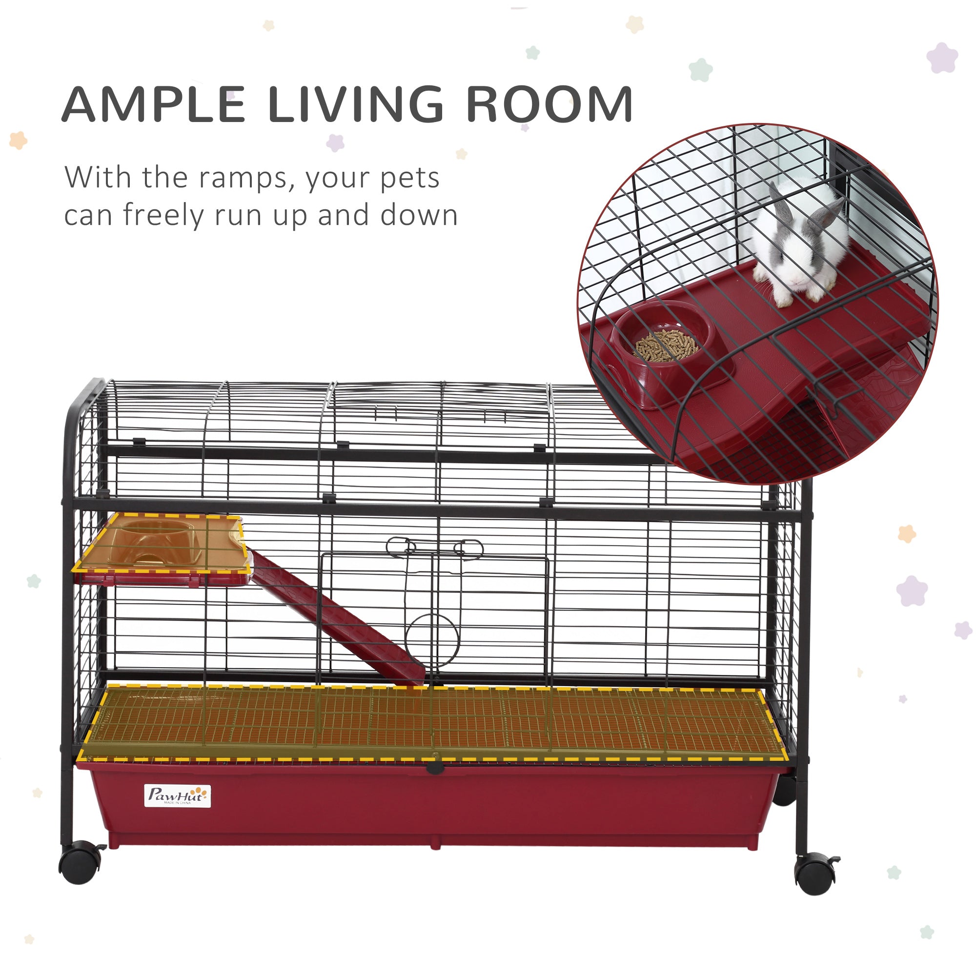 PawHut 41"L Small Animal Cage Rabbit Hutch Ferret Pet Play House with Feeder, Rolling Wheels, Platform, Ramp