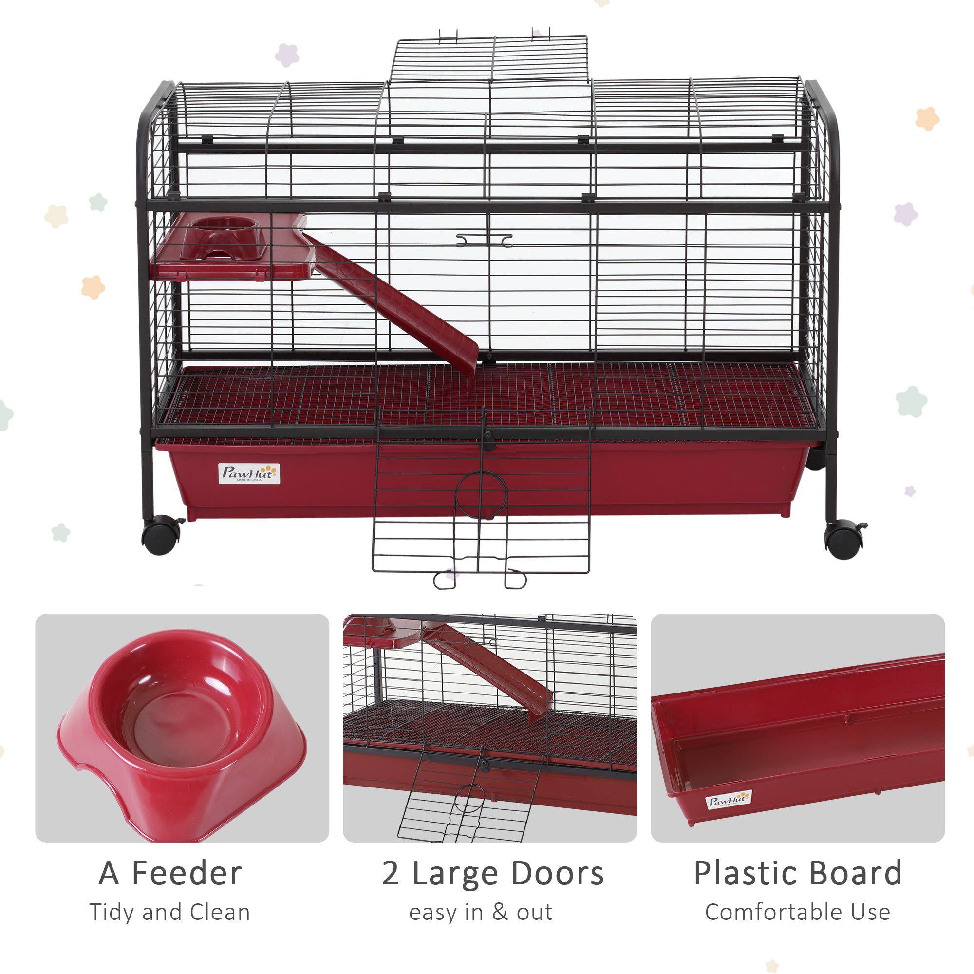 PawHut 41"L Small Animal Cage Rabbit Hutch Ferret Pet Play House with Feeder, Rolling Wheels, Platform, Ramp