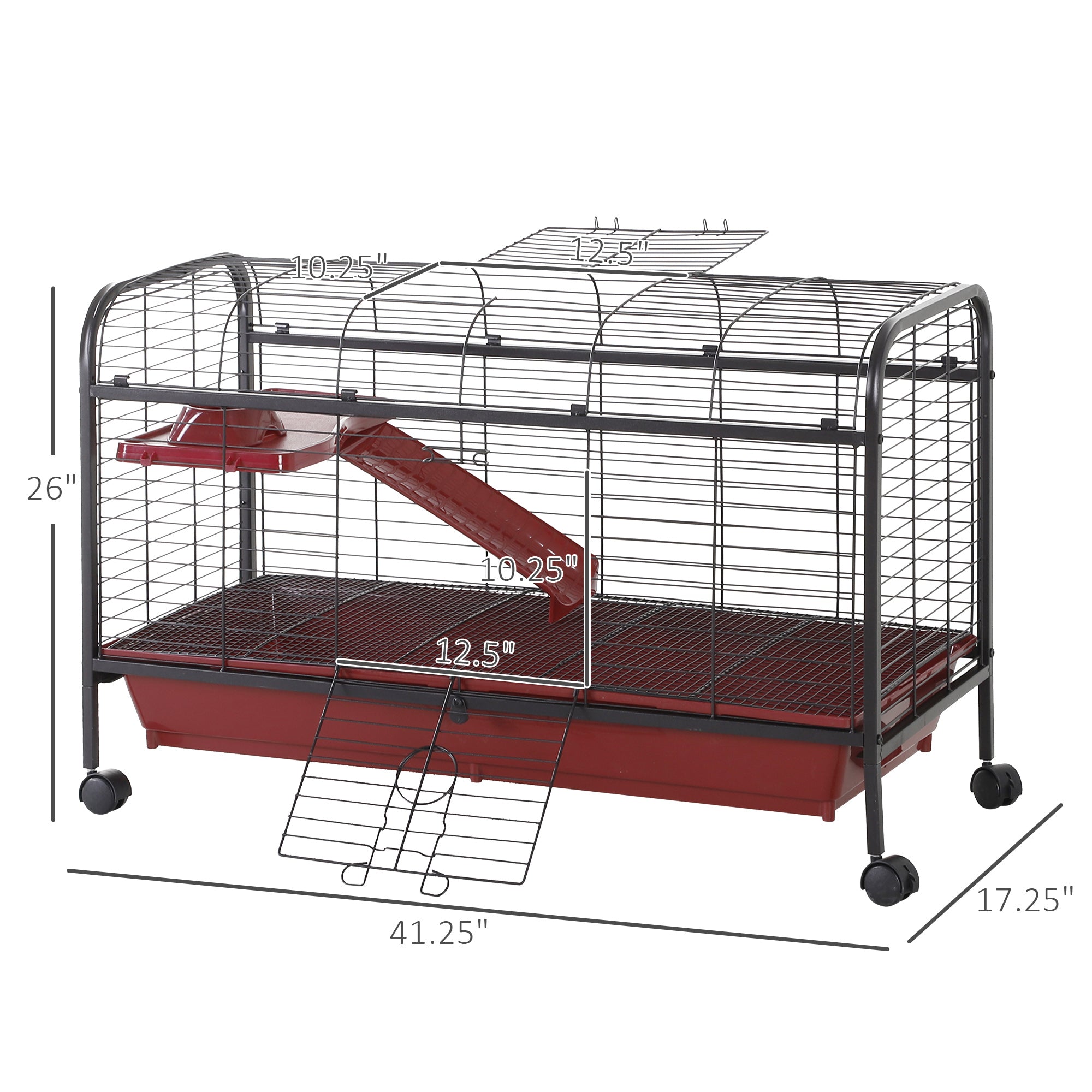 PawHut 41"L Small Animal Cage Rabbit Hutch Ferret Pet Play House with Feeder, Rolling Wheels, Platform, Ramp