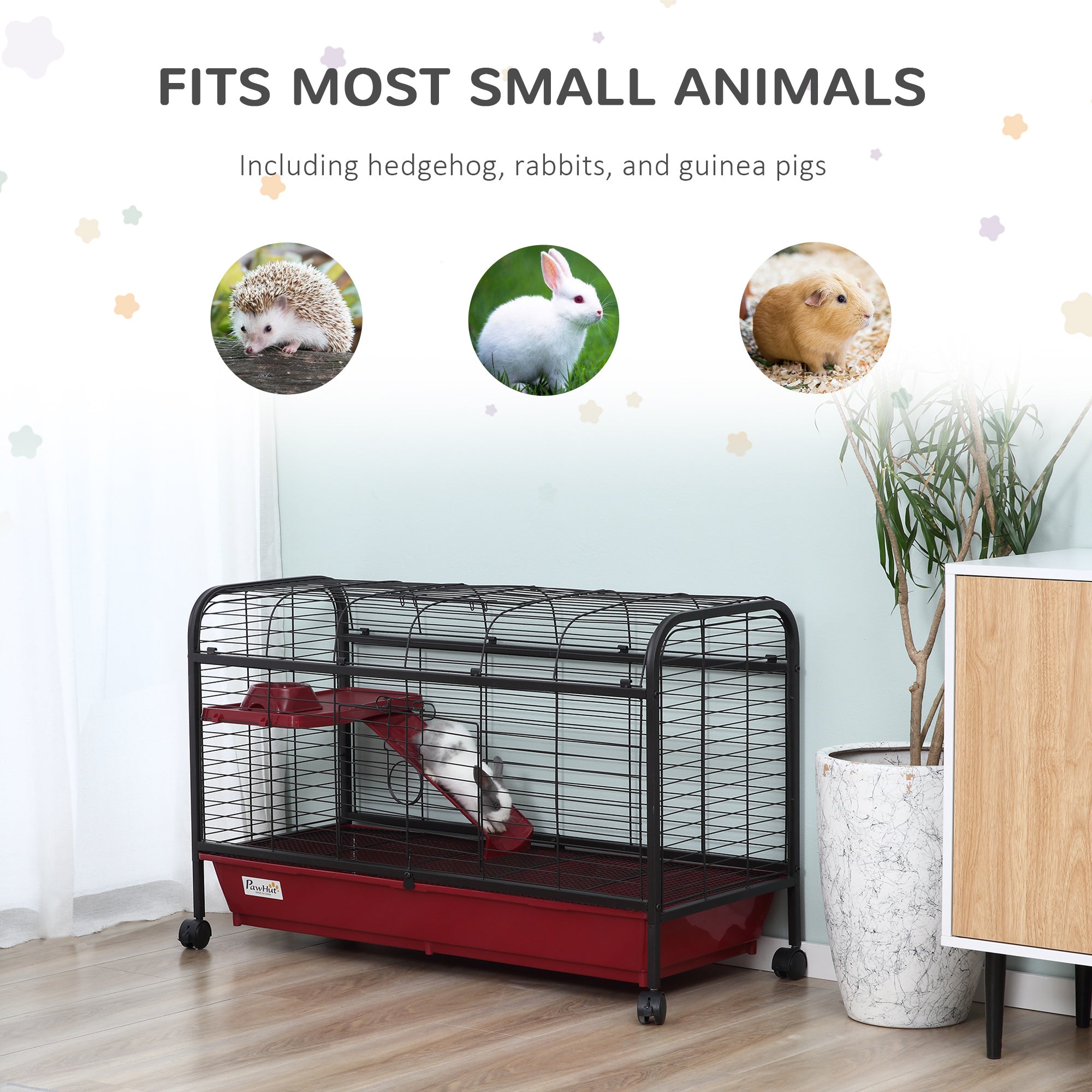 PawHut 41"L Small Animal Cage Rabbit Hutch Ferret Pet Play House with Feeder, Rolling Wheels, Platform, Ramp