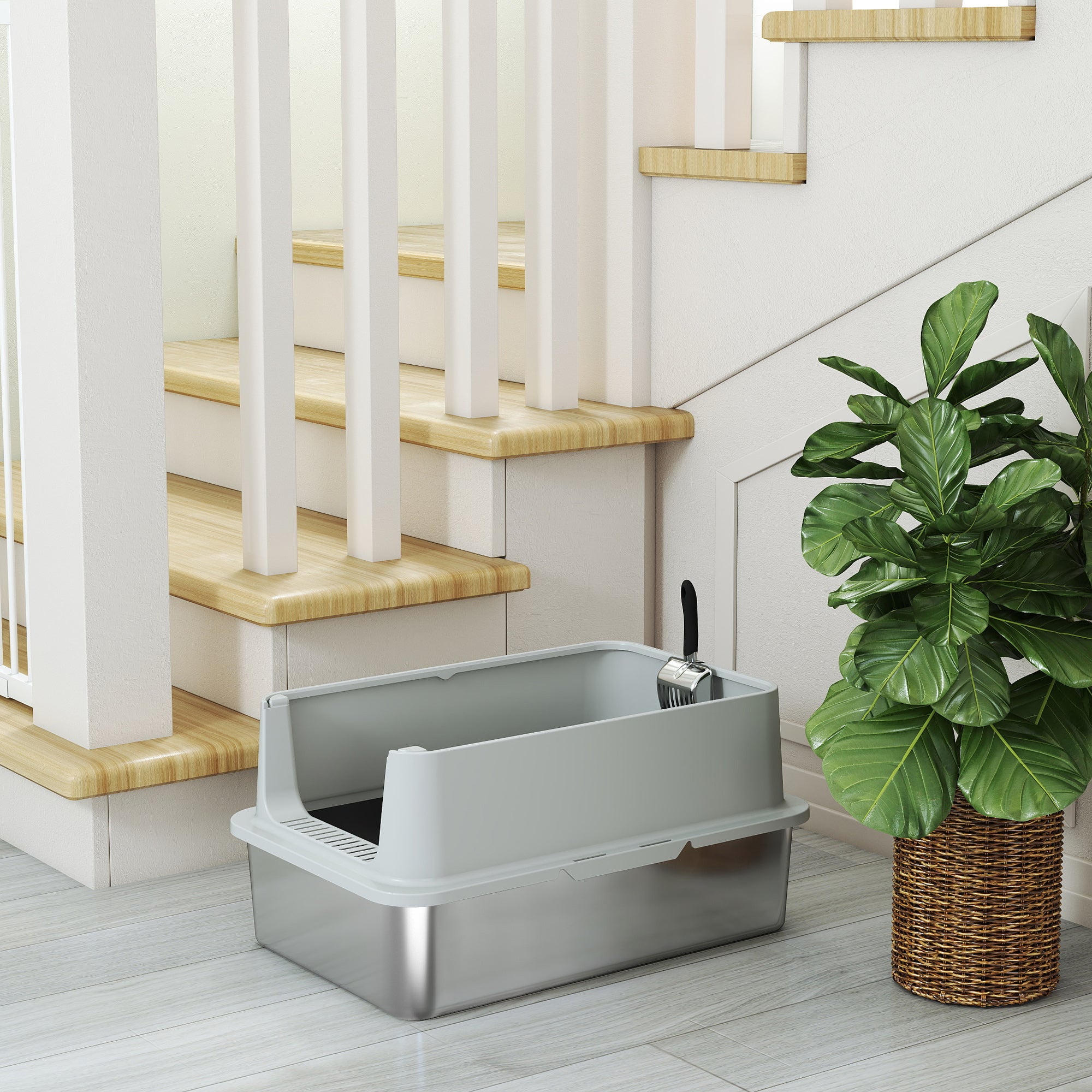 Stainless Steel Cat Litter Box, XL Kitty Litter Box for Big and Multiple Cats with High Wall Side, Scoop, Anti-Leakage, Easy Cleaning & Odor Free