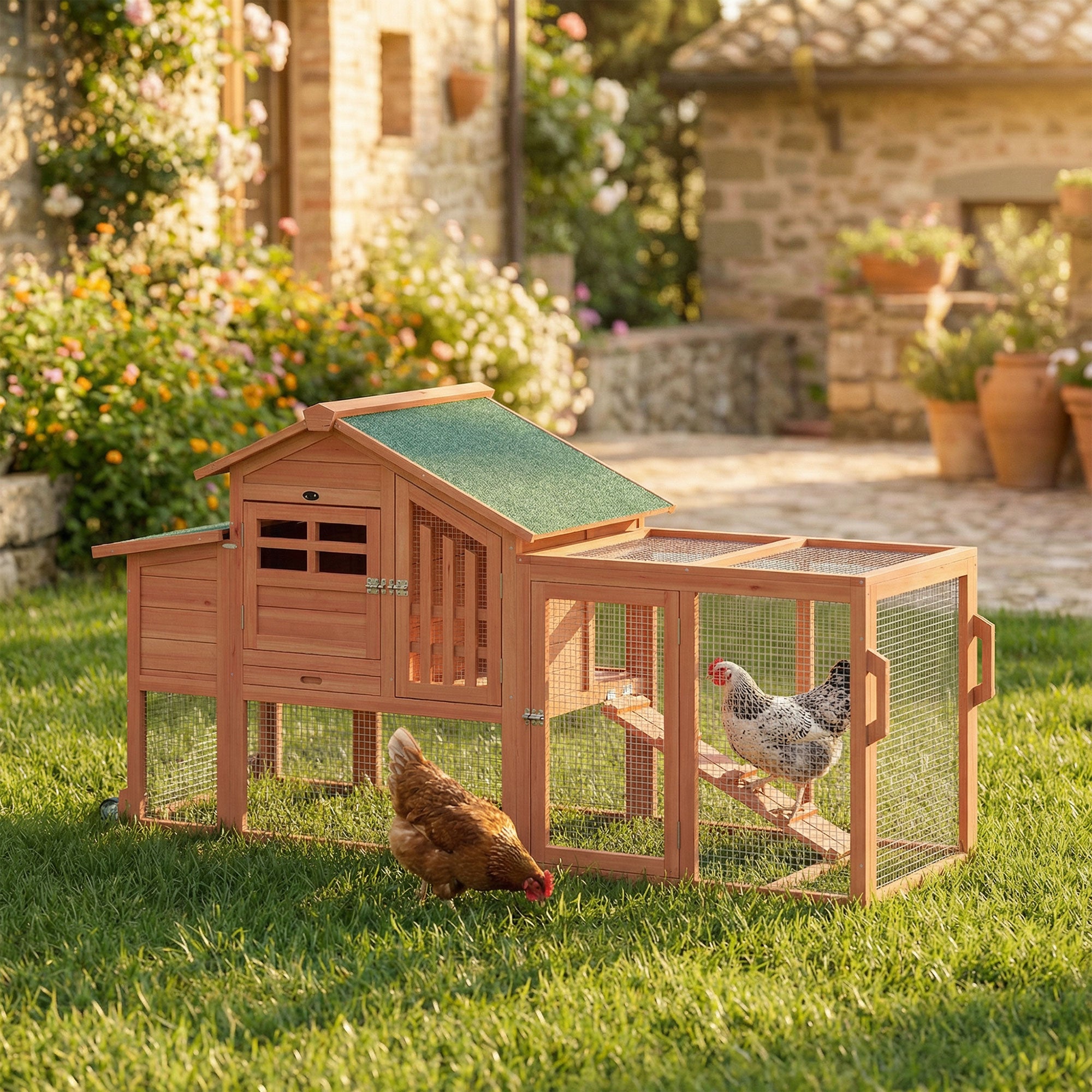 Chicken Coop with Run, Mobile Wooden Chicken House with Nesting Box, Roosting Bar, Ramp & Tray, Hen House Poultry Cage for 1-2 Hens, 74.8" L x 27.2" W x 38.2" H