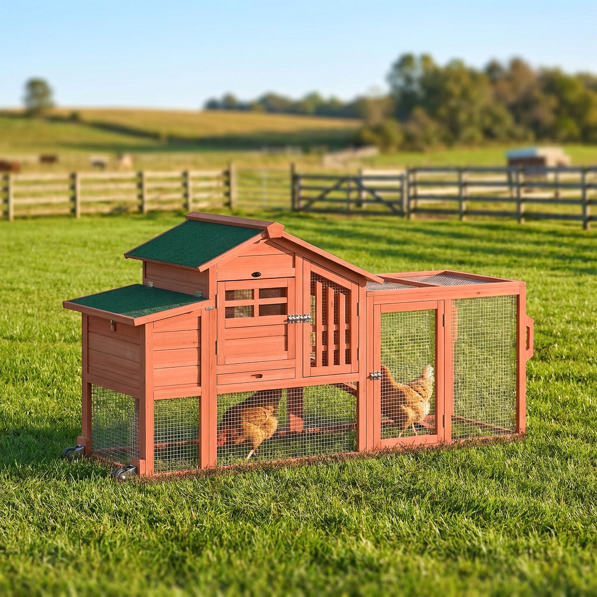 Chicken Coop with Run, Mobile Wooden Chicken House with Nesting Box, Roosting Bar, Ramp & Tray, Hen House Poultry Cage for 1-2 Hens, 74.8" L x 27.2" W x 38.2" H