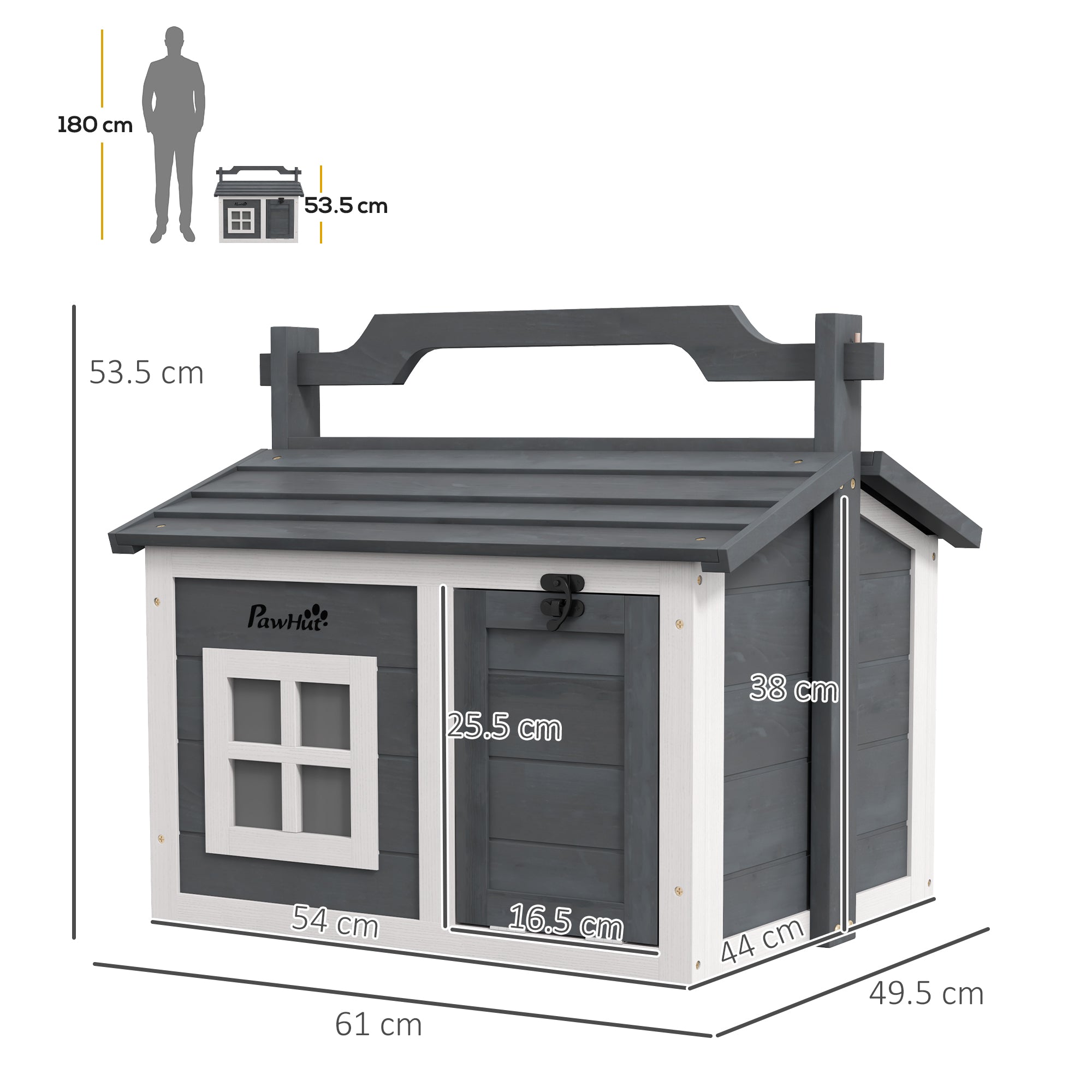 Rabbit Hutch Cat House Puppy House Guinea Pig Hutch Small Animal House Portable Wooden Indoor Outdoor with 2 Rooms Top Handle, Openable Roof - Grey
