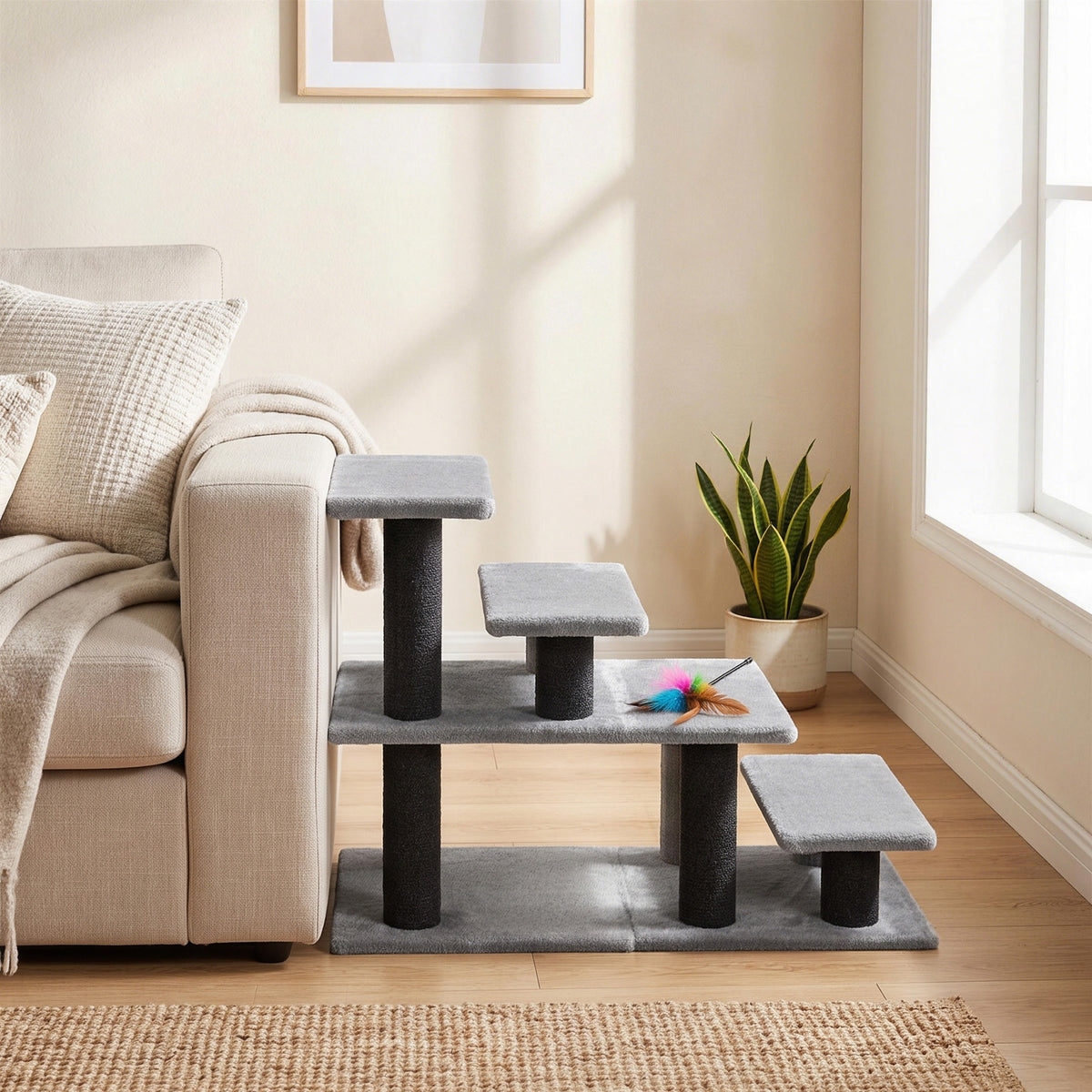 Pet Stairs, Cat Stairs with 2/3/4-Step Flexible Setup for Bed, Sofa, Pet Steps with Scratching Posts for Indoor Cats/Dogs to Climb High Bed and Couch, Gray