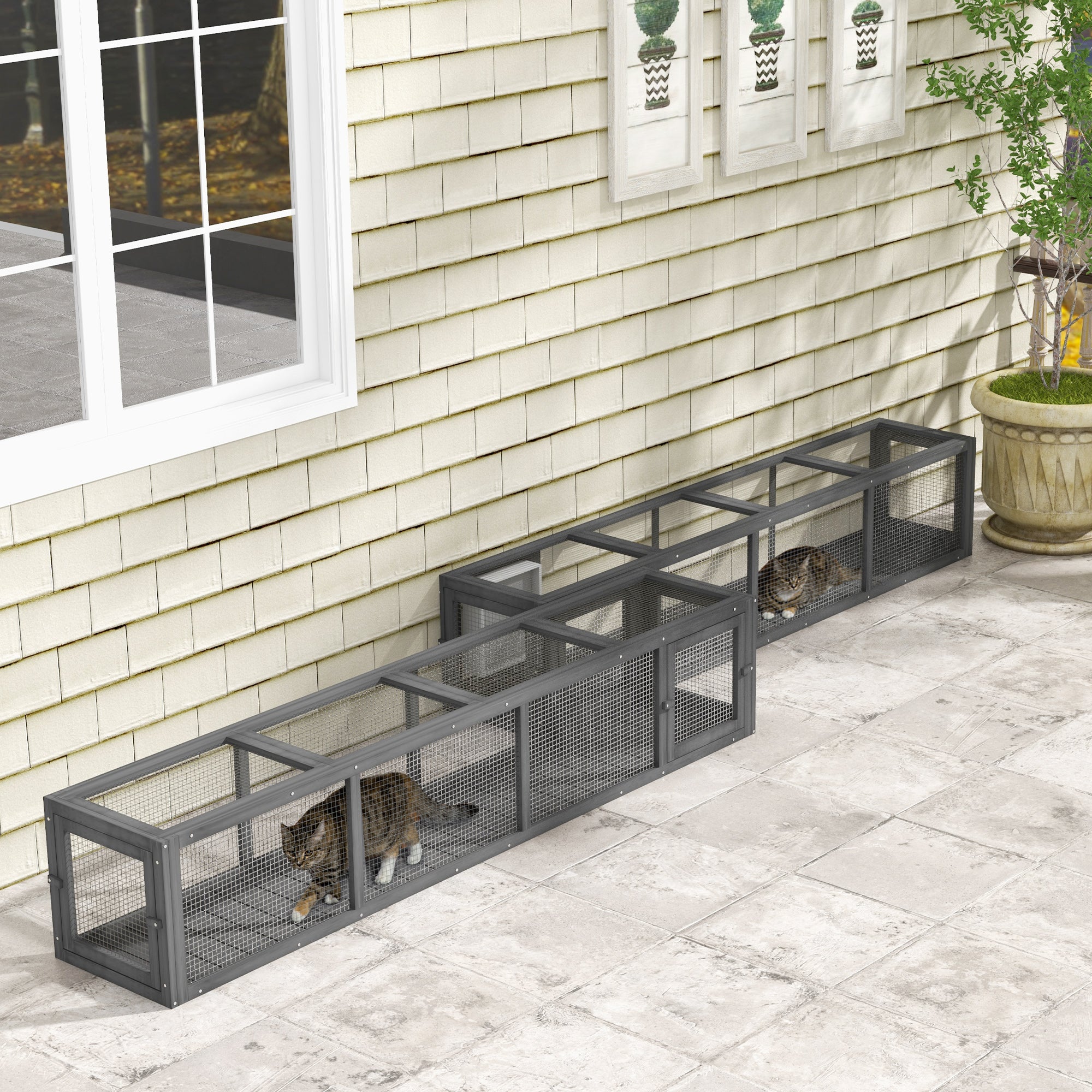 79" Long Cat Tunnel, Cat shelter L- Shape with Extendable Design, Cat Enclosure for Indoor/Outdoor Use with Weather Protection, Removable Door, Lead Grey
