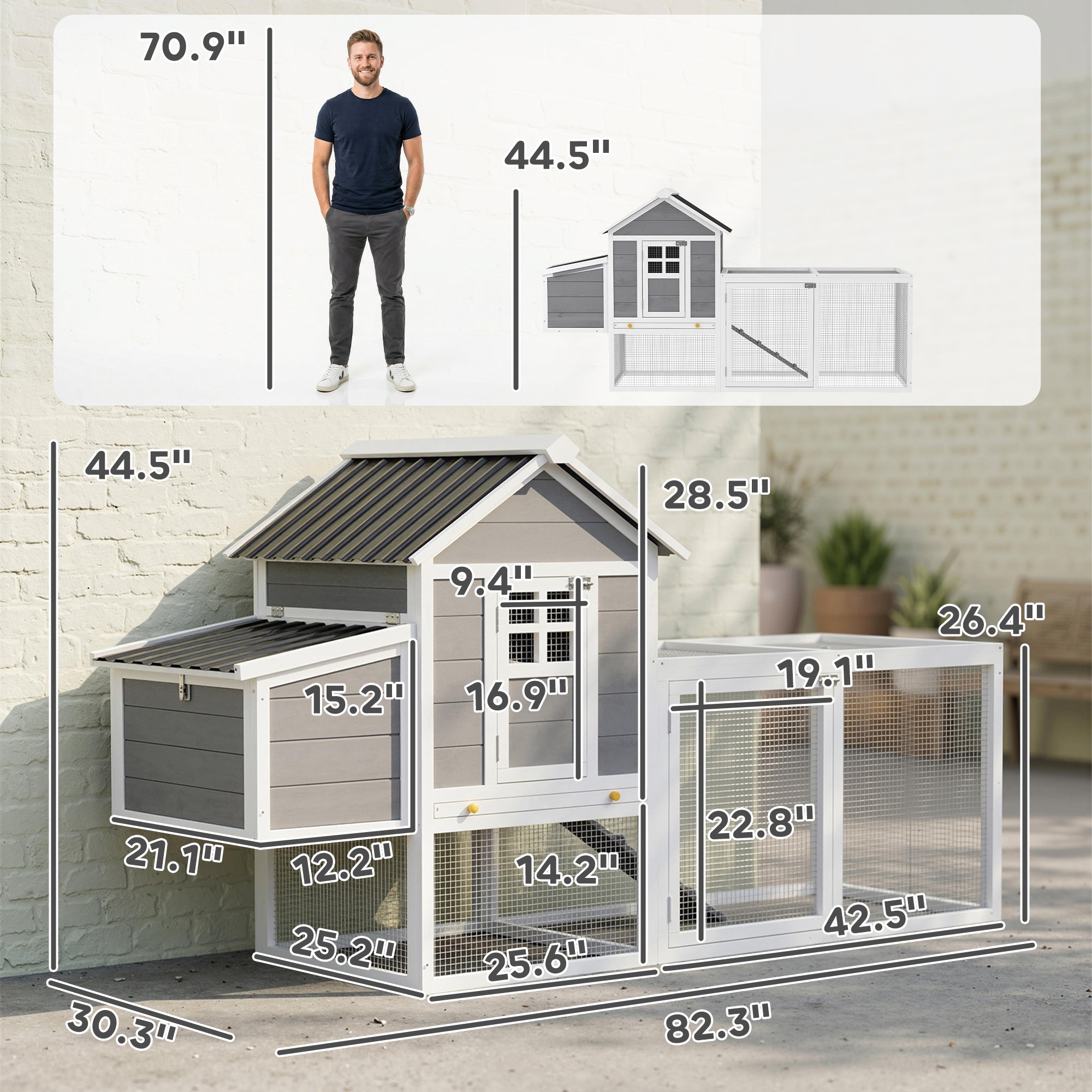 82" Wooden Chicken Coop, Large Outdoor Hen House Poultry Hutch for 2-3 Hens, Chicken House with Nesting Box, Pull-on Tray, Waterproof Roof, Ramp and Roosting Bars for Backyard, Gray