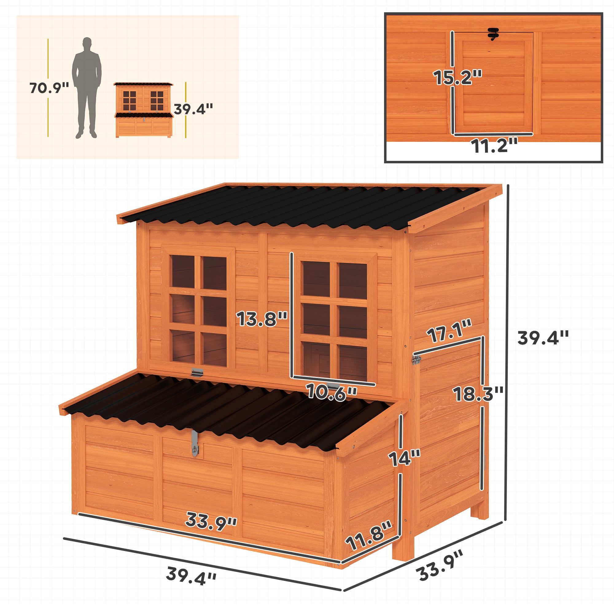 Wooden Chicken Coop, 39" Chicken House with Nesting Box, Pull-Out Tray, Waterproof Roof, Hen House Outdoor Poultry Cage for 2-4 Chickens, Rabbits, Small Animals, for Backyard, Orange