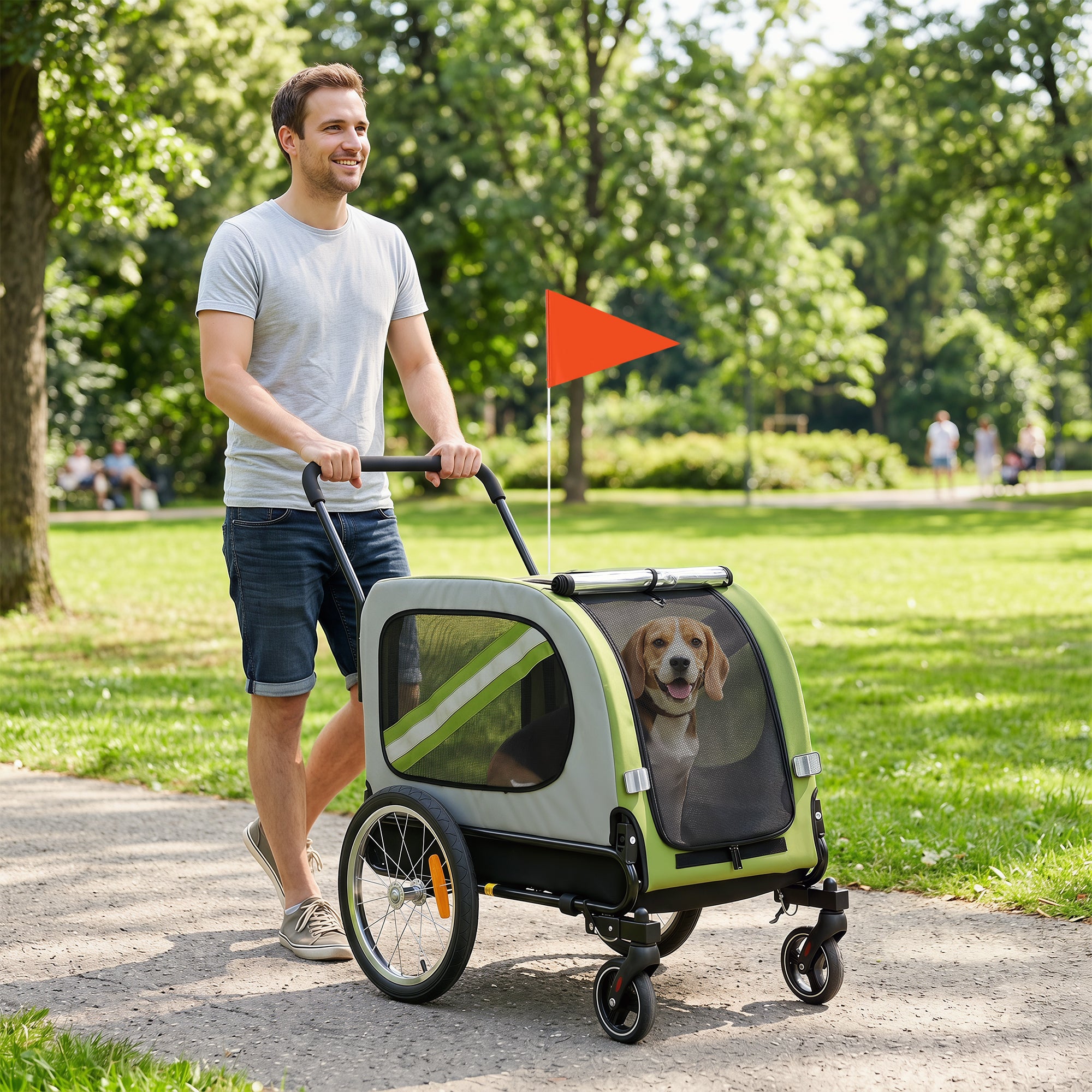 Dog Bike Trailer, 2-in-1 Dog Wagon Pet Stroller for Travel with Universal Wheel Reflectors Flag, for Small and Medium Pets, Green