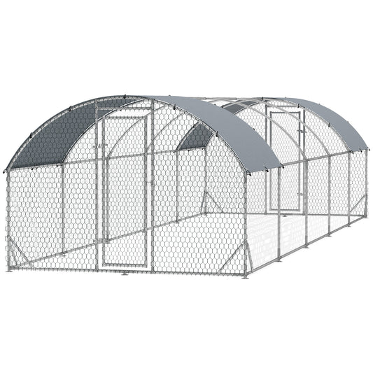 Chicken Run, Galvanized Large Metal Chicken Coop Cage, Walk-in Enclosure Poultry Hen Run House Playpen Rabbit Hutch with Dome Roof, Cover, 9.2' × 31.2' × 6.4', Silver