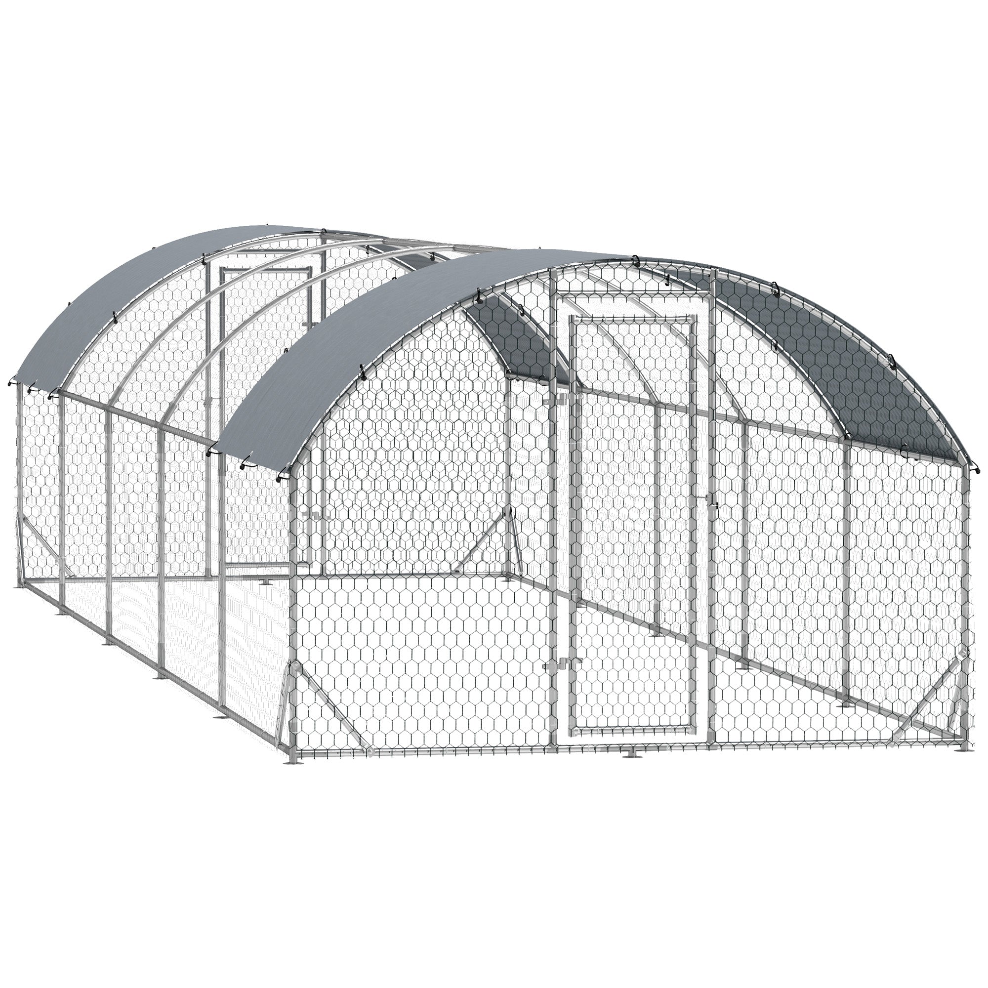 Chicken Run, Galvanized Large Metal Chicken Coop Cage, Walk-in Enclosure Poultry Hen Run House Playpen Rabbit Hutch with Dome Roof, Cover, 9.2' × 31.2' × 6.4', Silver