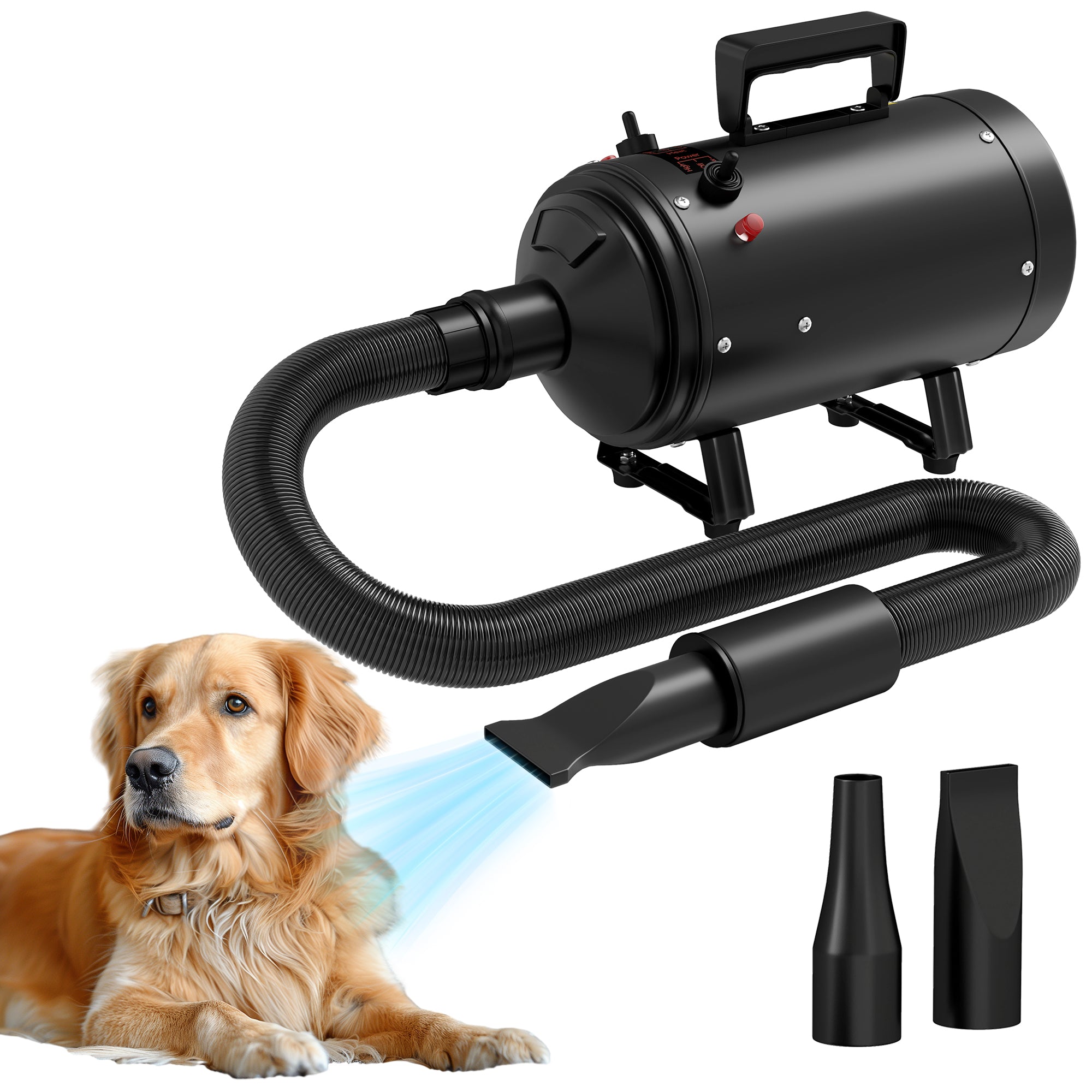 Dog Hair Dryer, 2200W Pet Grooming Hair Dryer with Adjustable Temperature & Velocity, Professional Low Noise Dog Blaster with 3 Different Nozzles, Black