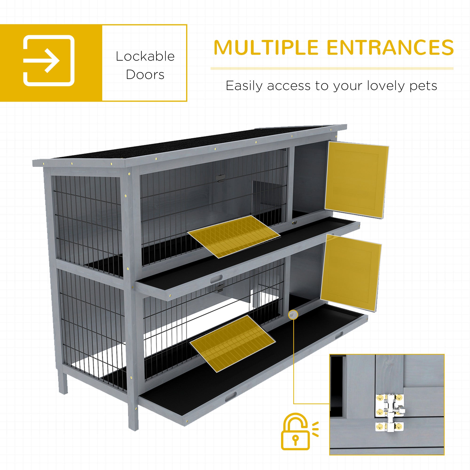 Rabbit Hutch Outdoor Guinea Pig Hutch Bunny Cage with No-Leak Trays, Divider, 136 x 50 x 93cm, Grey
