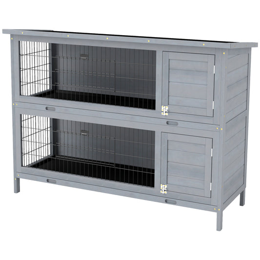 54"L 2-Story Large Rabbit Hutch Bunny Cage Wooden Pet House Small Animal Habitat with Lockable Doors, No Leak Tray and Waterproof Roof for Outdoor/Indoor Grey