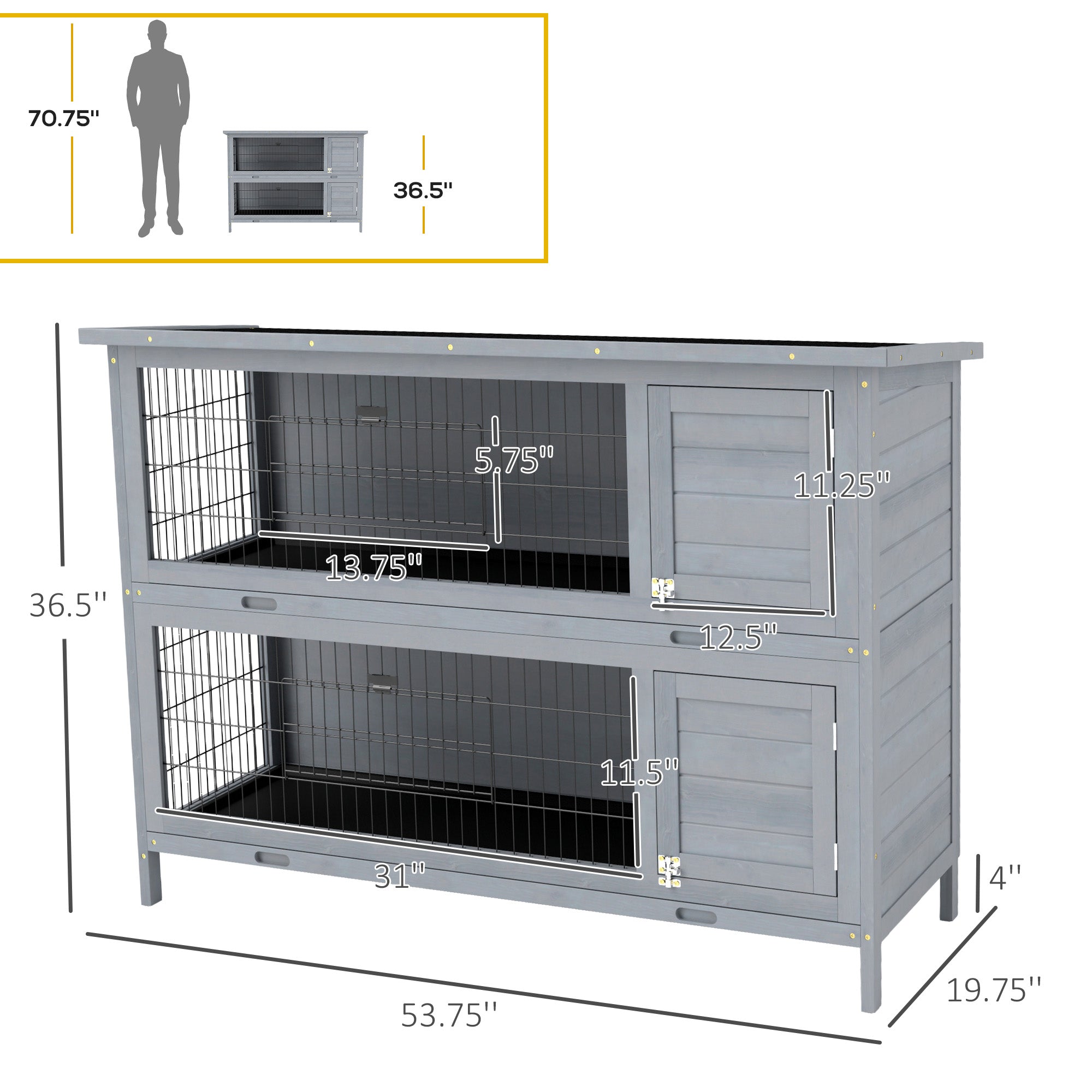 54" 2-Story Large Rabbit Hutch Bunny Cage Wooden Pet House Small Animal Habitat with Lockable Doors, No Leak Tray and waterproof Roof for Rabbits, Chickens, Ducks, Outdoor/Indoor Gray