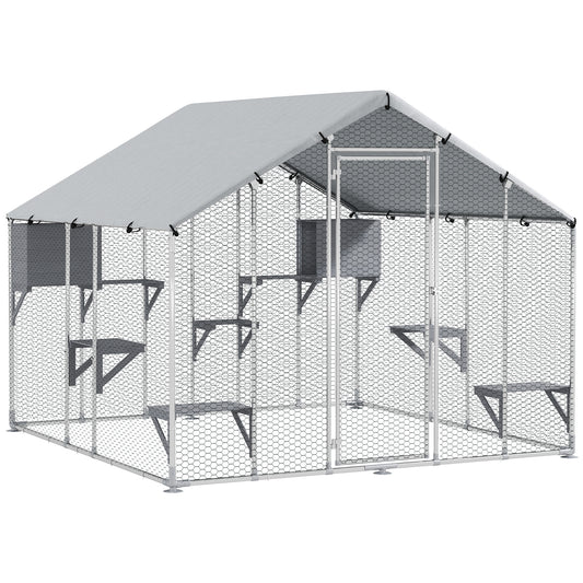 94.5" Extra Large Catio Outdoor Cat Enclosure, Walk In Cat Cage with Waterproof Cover, 2 Resting Boxes, 7 Platforms, Metal Chicken Run Hen House Rabbit Hutch for Outside
