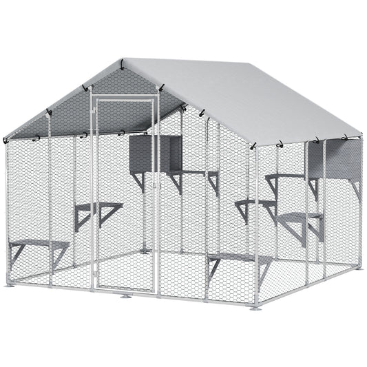 94.5" Extra Large Catio Outdoor Cat Enclosure, Walk In Cat Cage with Waterproof Cover, 2 Resting Boxes, 7 Platforms, Metal Chicken Run Hen House Rabbit Hutch for Outside