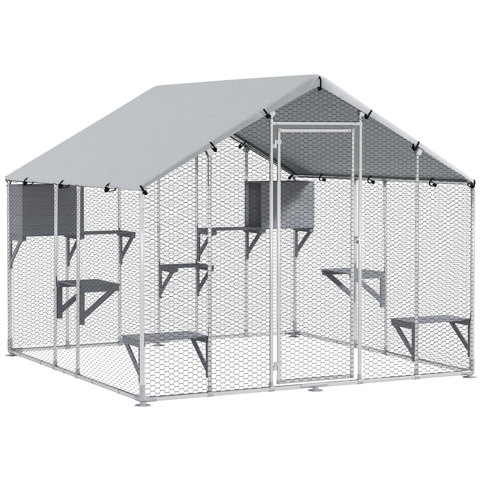 94.5" Extra Large Catio Outdoor Cat Enclosure, Walk In Cat Cage with Waterproof Cover, 2 Resting Boxes, 7 Platforms, Metal Chicken Run Hen House Rabbit Hutch for Outside
