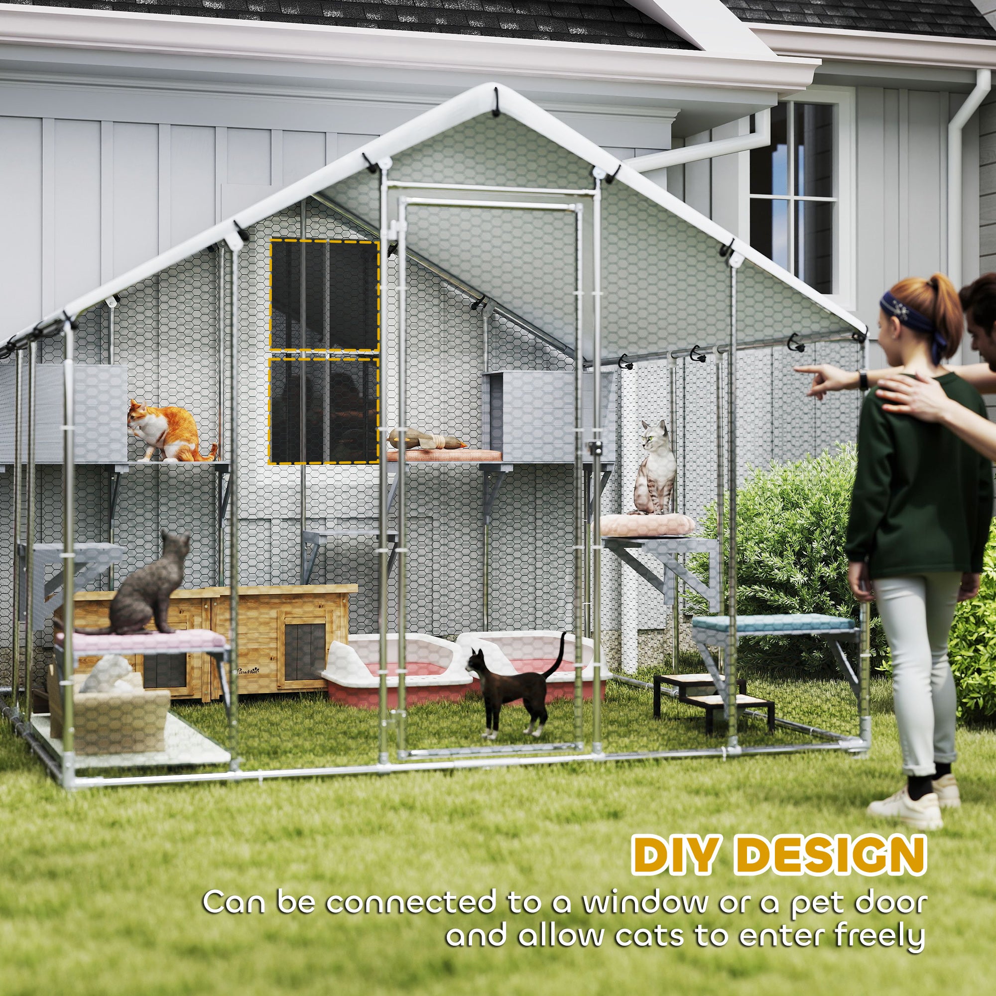 94.5" Extra Large Catio Outdoor Cat Enclosure, Walk In Cat Cage with Waterproof Cover, 2 Resting Boxes, 7 Platforms, Metal Chicken Run Hen House Rabbit Hutch for Outside