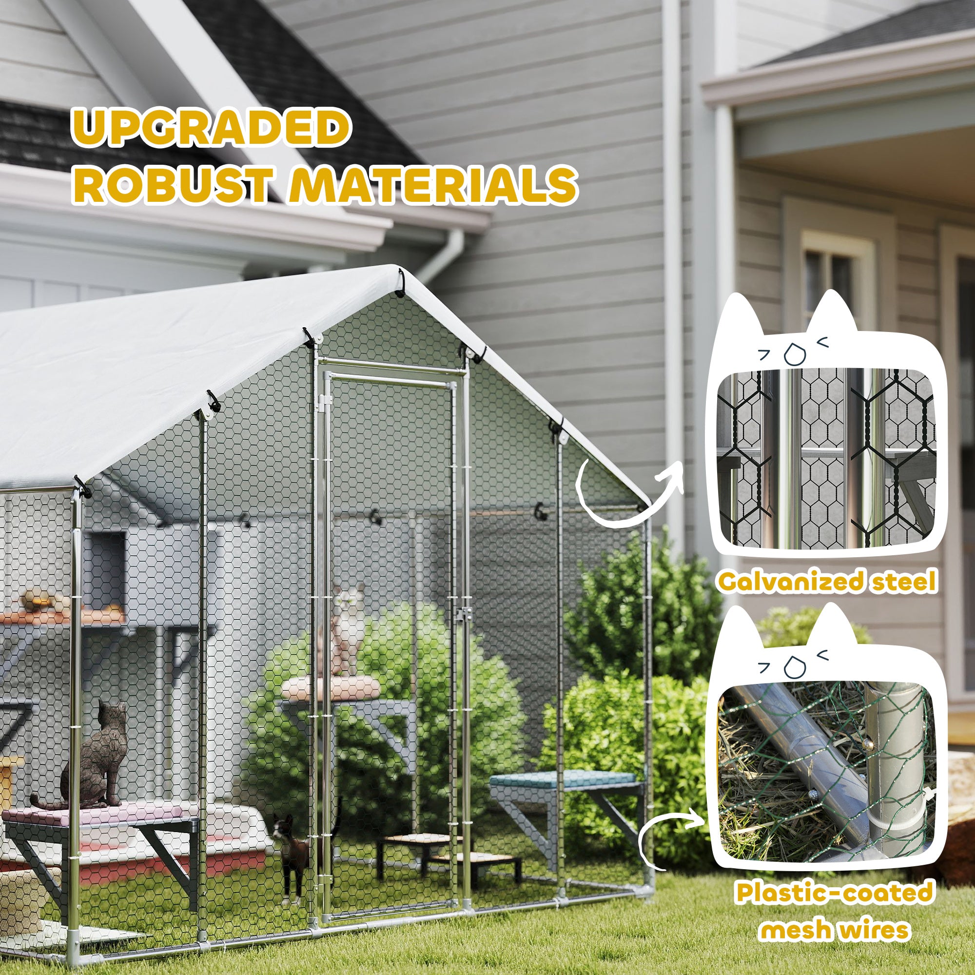 94.5" Extra Large Catio Outdoor Cat Enclosure, Walk In Cat Cage with Waterproof Cover, 2 Resting Boxes, 7 Platforms, Metal Chicken Run Hen House Rabbit Hutch for Outside