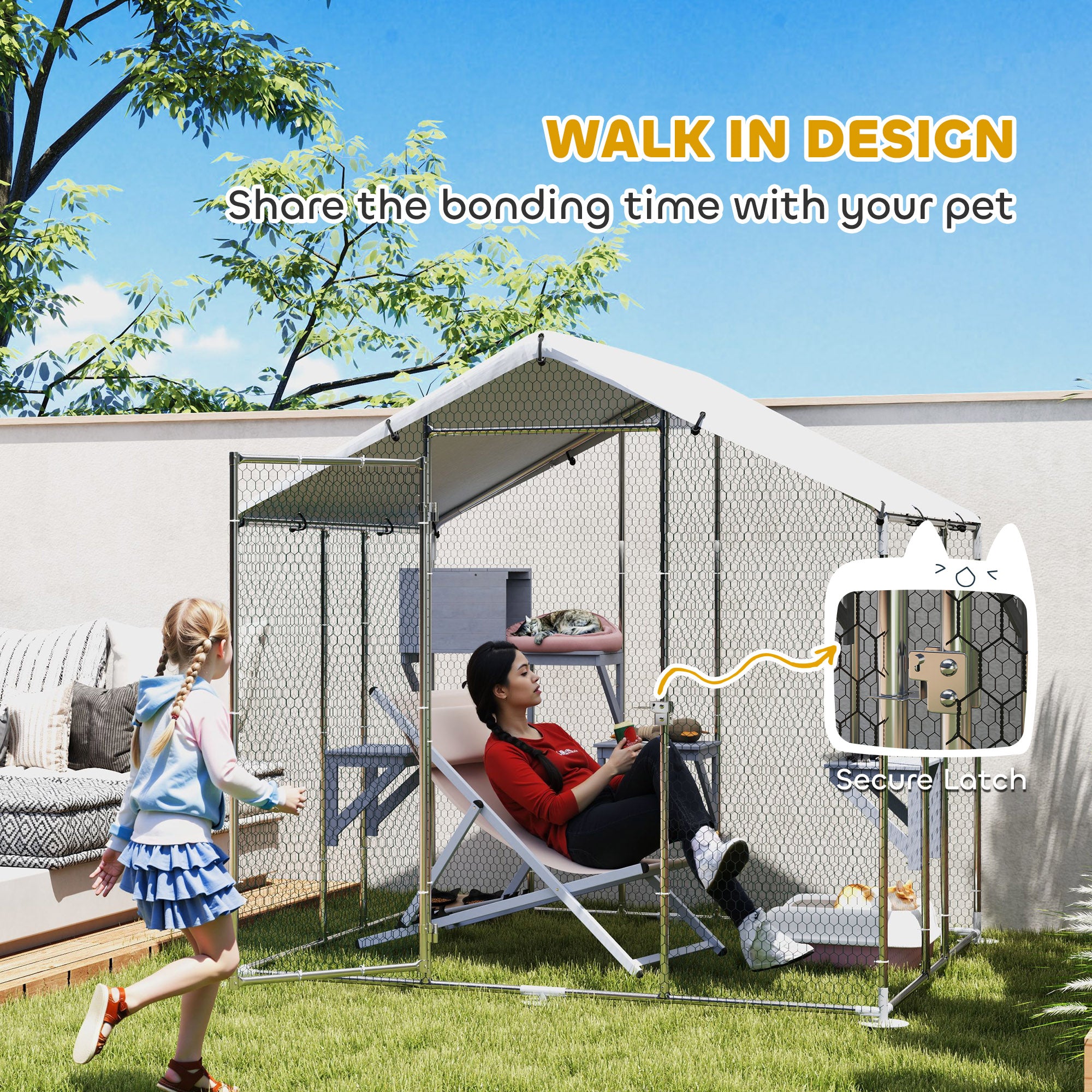 94.5" Extra Large Catio Outdoor Cat Enclosure, Walk In Cat Cage with Waterproof Cover, 2 Resting Boxes, 7 Platforms, Metal Chicken Run Hen House Rabbit Hutch for Outside